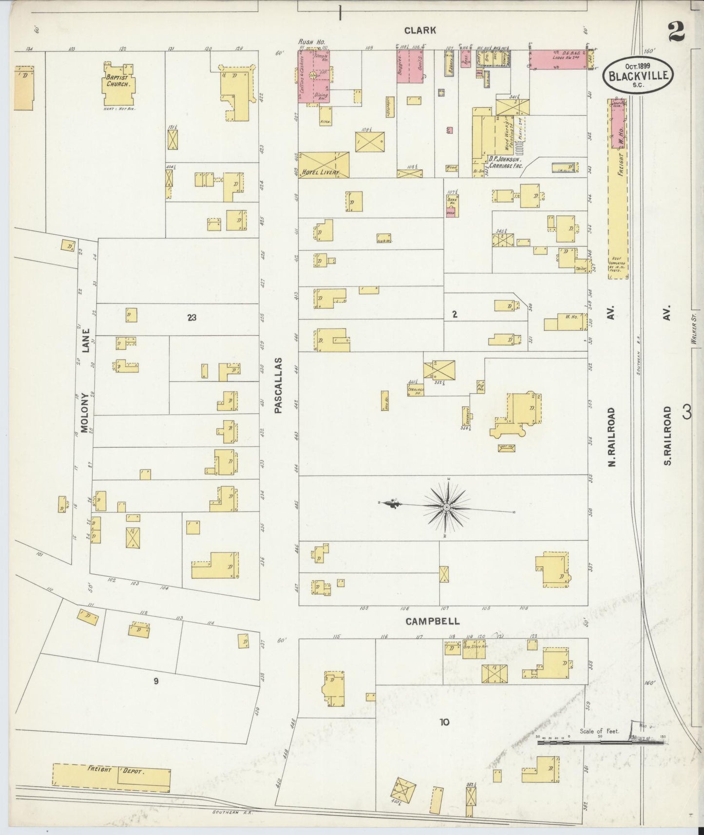 Sanborn Fire Insurance Map from Blackville, Barnwell County, South Carolina (1899), Sheet #0002 - Historic Sanborn Fire Insurance Map Print, vintage old map wall art, antique decor, genealogy gift, South Carolina South Carolina map