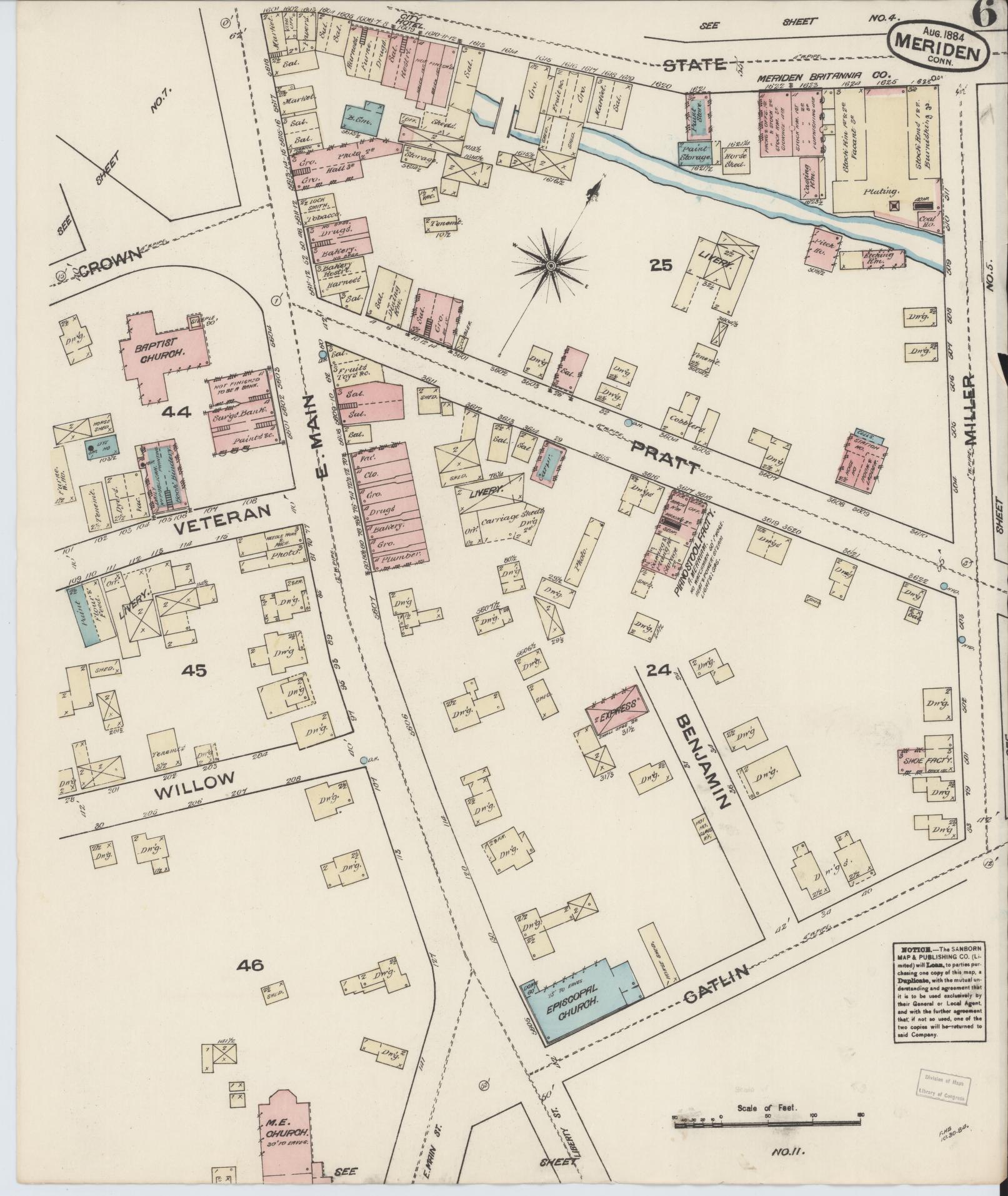 Sanborn Fire Insurance Map from Meriden, New Haven County, Connecticut (1884), Sheet #0006 - Historic Sanborn Fire Insurance Map Print, vintage old map wall art, antique decor, genealogy gift, Connecticut Connecticut map
