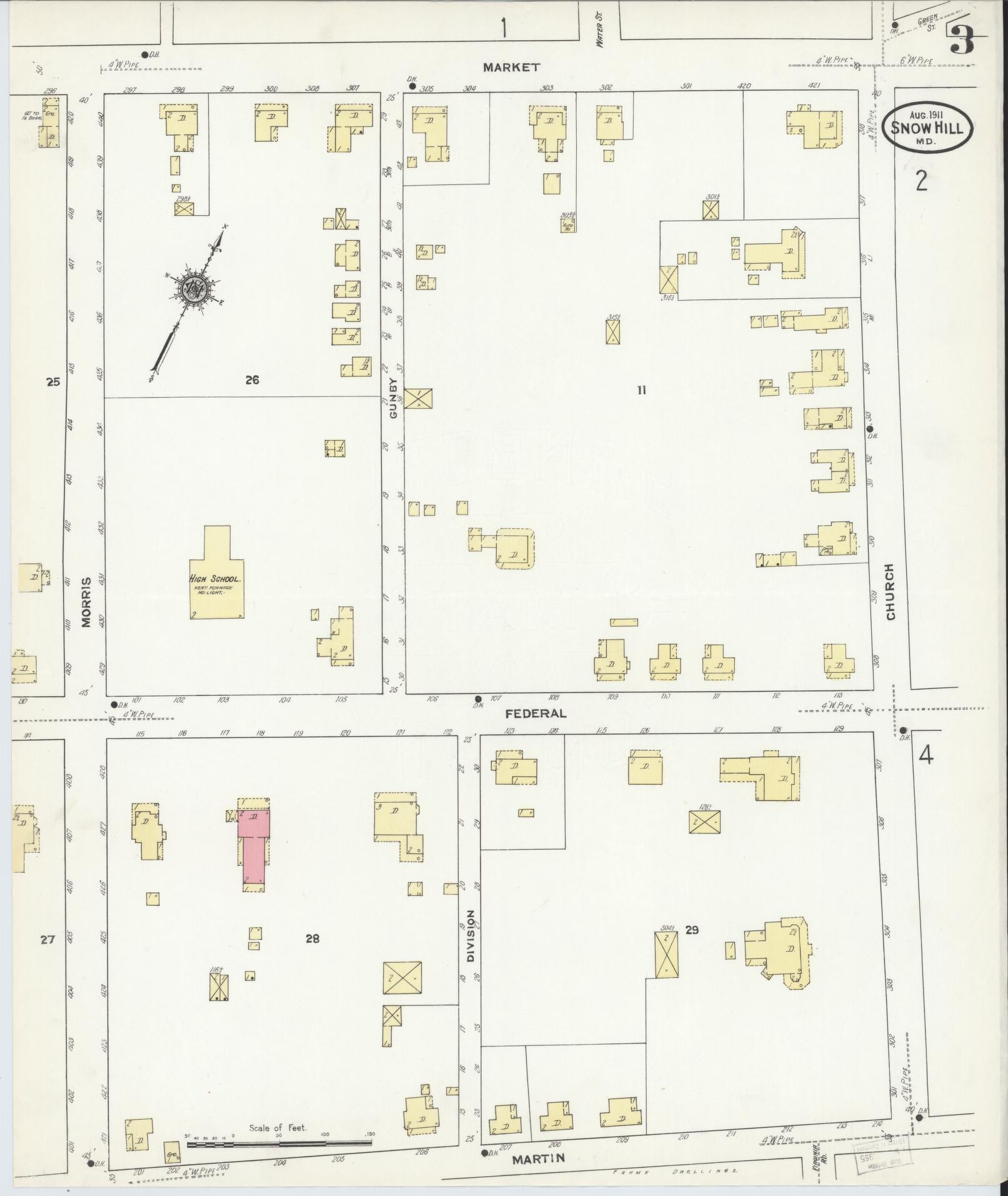 Sanborn Fire Insurance Map from Snow Hill, Worcester County, Maryland (1911), Sheet #0003 - Historic Sanborn Fire Insurance Map Print, vintage old map wall art