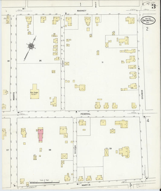 Sanborn Fire Insurance Map from Snow Hill, Worcester County, Maryland (1911), Sheet #0003 - Historic Sanborn Fire Insurance Map Print, vintage old map wall art