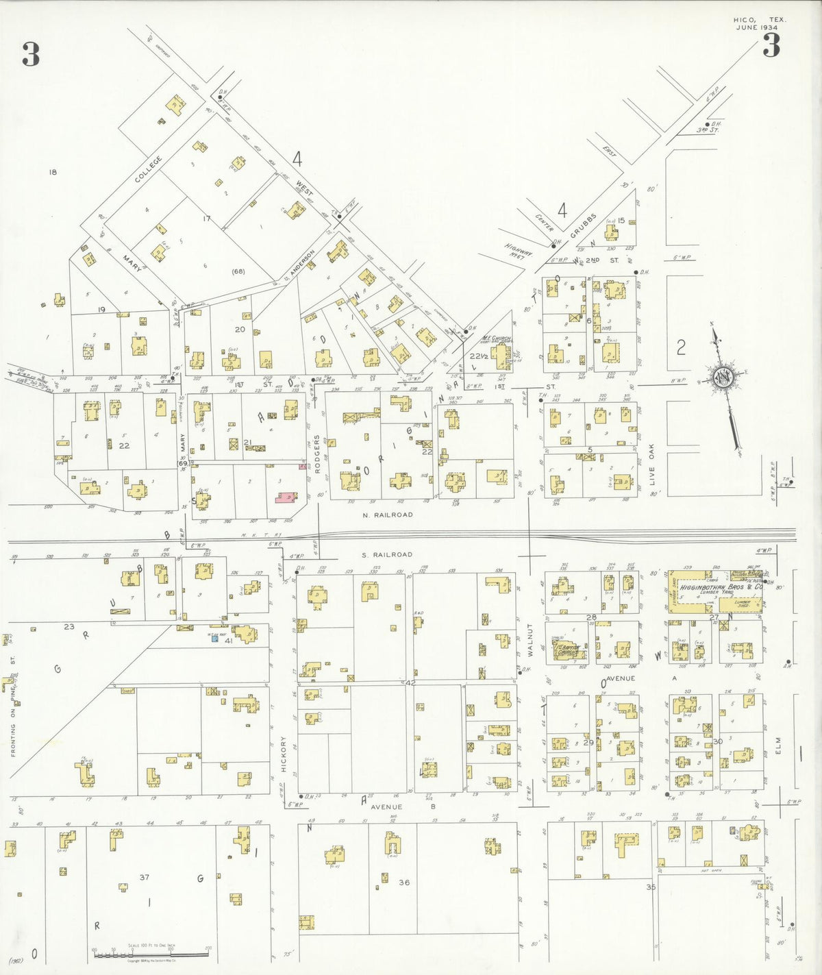 Sanborn Fire Insurance Map from Hico, Hamilton County, Texas (1934), Sheet #0003 - Complete Map Set gallery image, historic Sanborn map, vintage wall art, Texas Texas