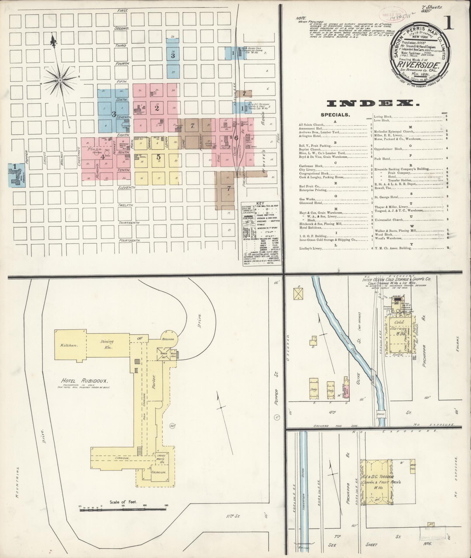 Sanborn Fire Insurance Map from Riverside, Riverside County, California (1891), Sheet #0001 - Complete Map Set gallery image, historic Sanborn map, vintage wall art, California California