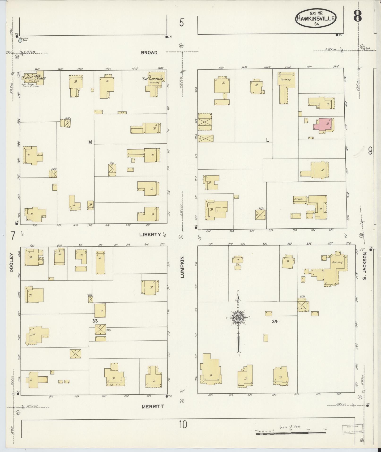 Sanborn Fire Insurance Map from Hawkinsville, Pulaski County, Georgia (1912), Sheet #0008 - Historic Sanborn Fire Insurance Map Print, vintage old map wall art, antique decor, genealogy gift, Georgia Georgia map
