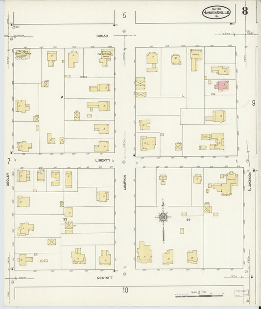 Sanborn Fire Insurance Map from Hawkinsville, Pulaski County, Georgia (1912), Sheet #0008 - Historic Sanborn Fire Insurance Map Print, vintage old map wall art, antique decor, genealogy gift, Georgia Georgia map