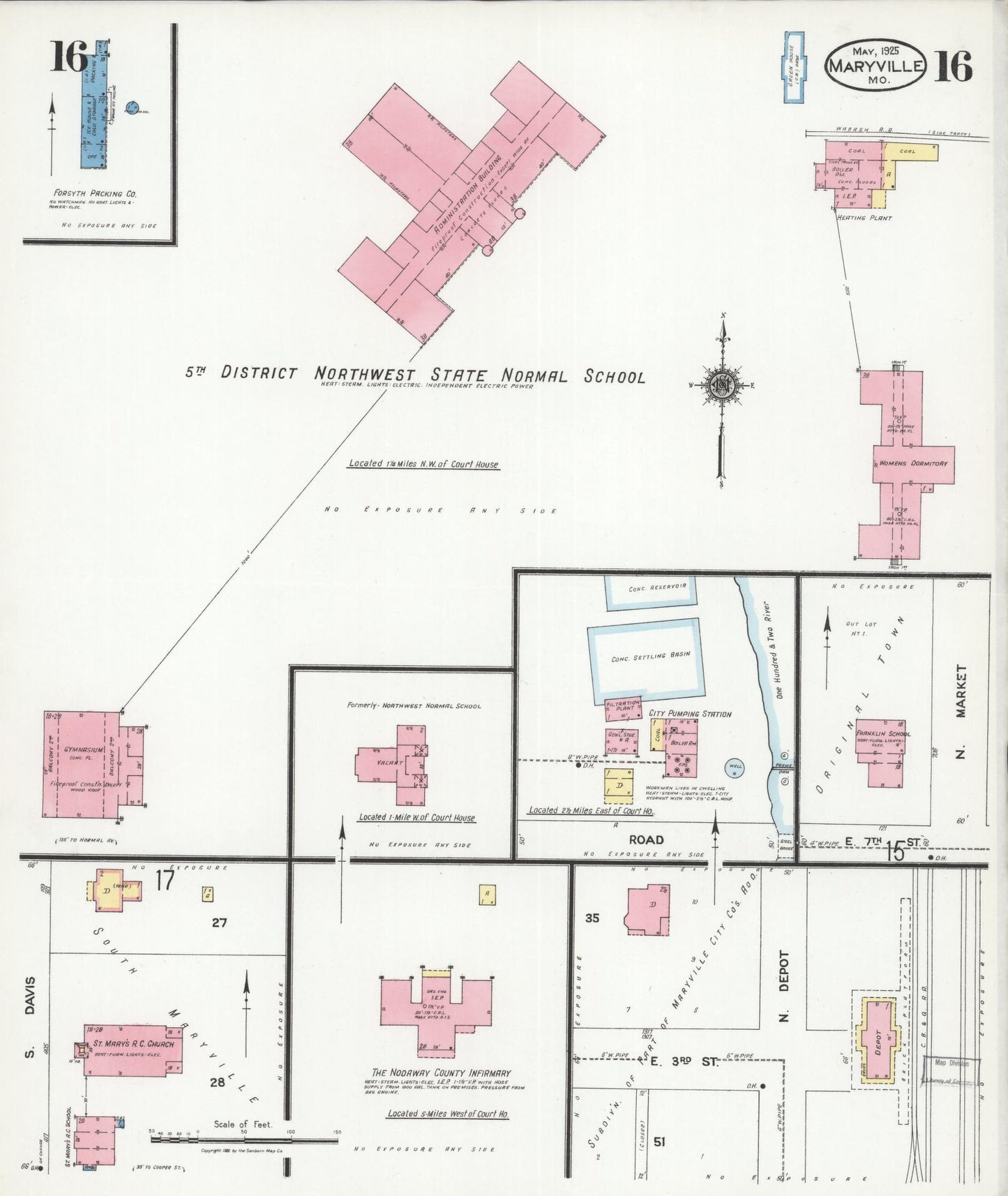 Sanborn Fire Insurance Map from Maryville, Nodaway County, Missouri (1925), Sheet #0016 - Historic Sanborn Fire Insurance Map Print, vintage old map wall art, antique decor, genealogy gift, Missouri Missouri map