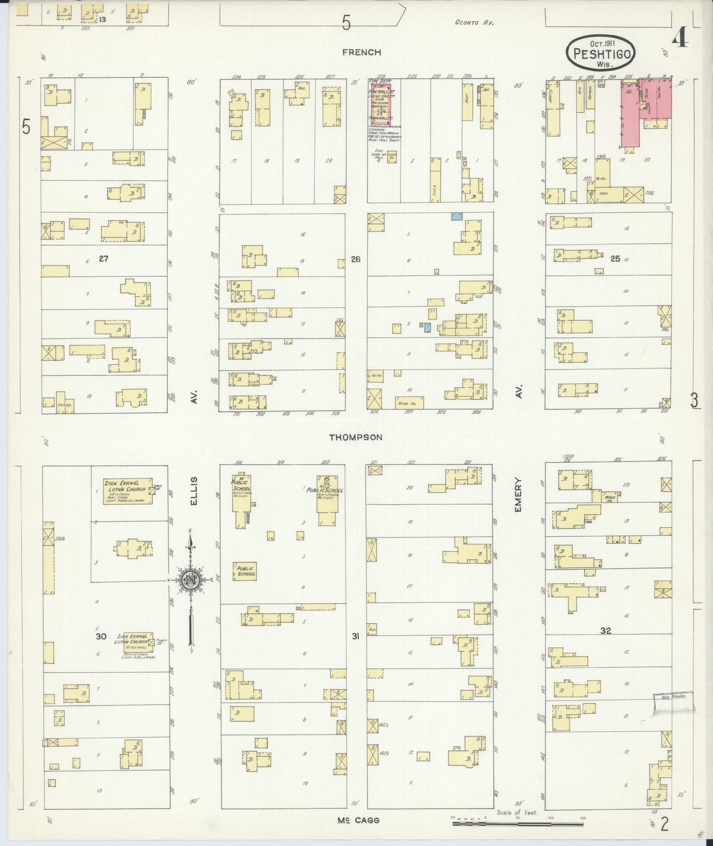 Sanborn Fire Insurance Map from Peshtigo, Marinette County, Wisconsin (1911), Sheet #0004 - Complete Map Set gallery image, historic Sanborn map, vintage wall art, Wisconsin Wisconsin