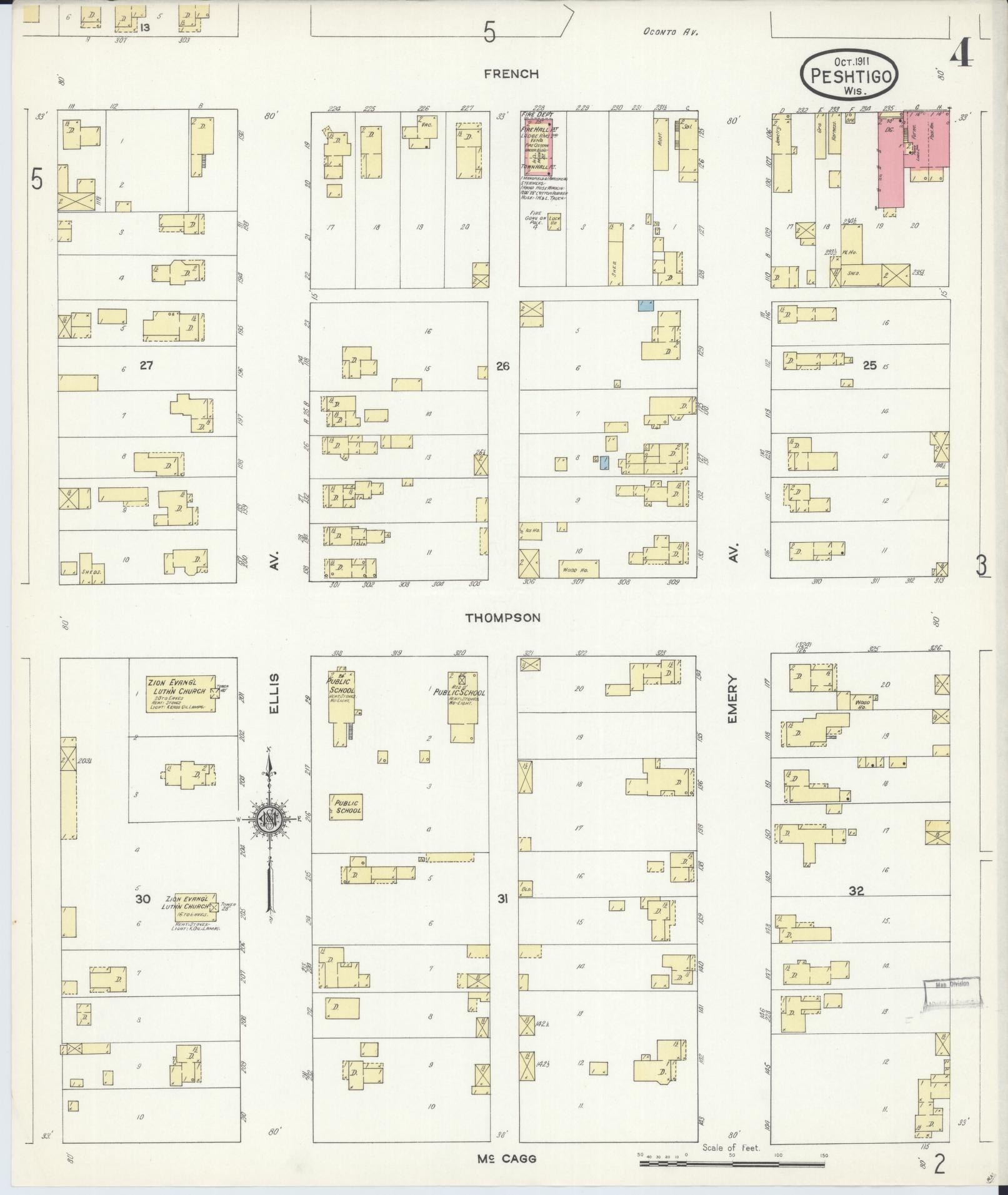 Sanborn Fire Insurance Map from Peshtigo, Marinette County, Wisconsin (1911), Sheet #0004 - Complete Map Set gallery image, historic Sanborn map, vintage wall art, Wisconsin Wisconsin
