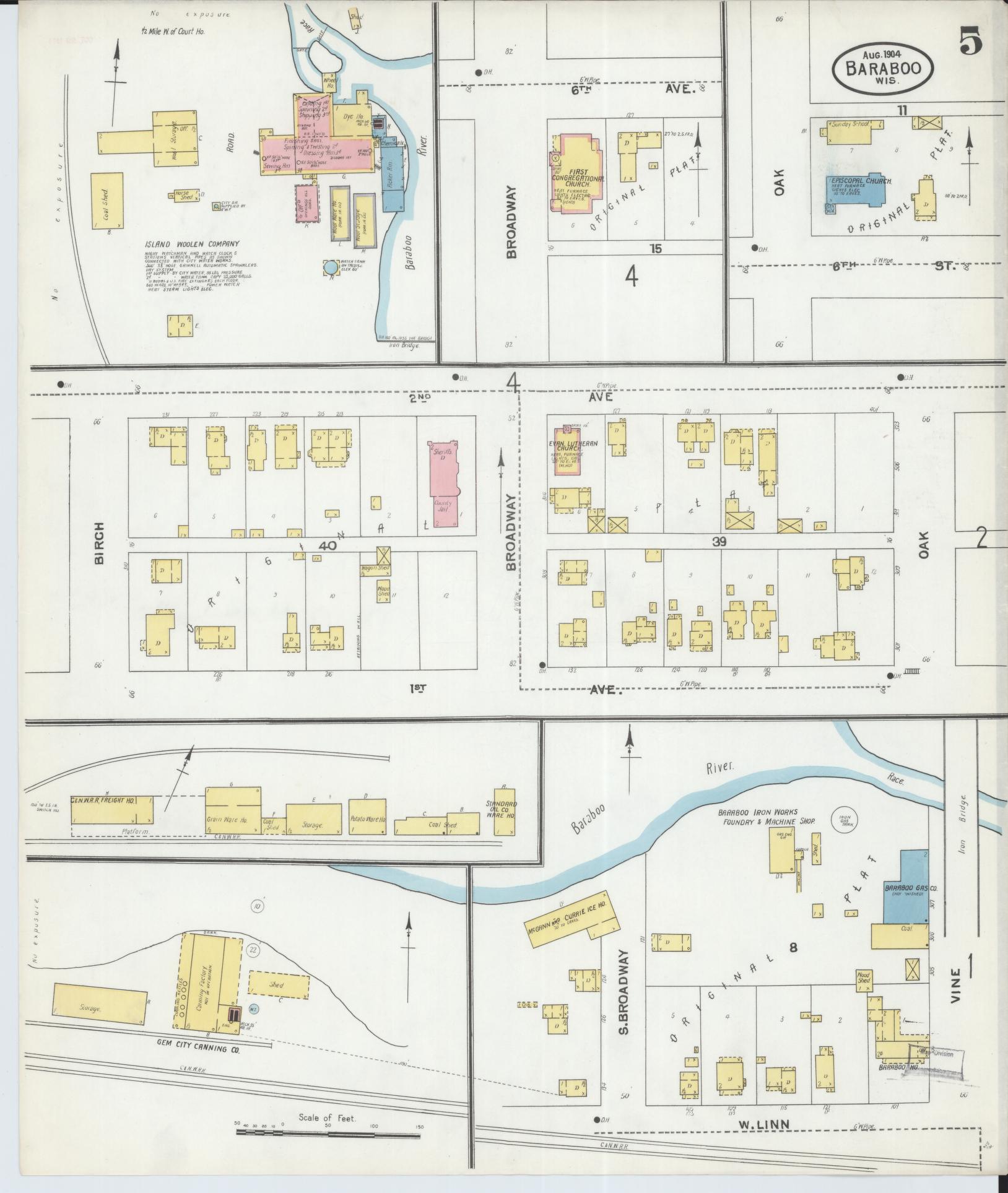 Sanborn Fire Insurance Map from Baraboo, Sauk County, Wisconsin (1904), Sheet #0005 - Historic Sanborn Fire Insurance Map Print, vintage old map wall art, antique decor, genealogy gift, Wisconsin Wisconsin map