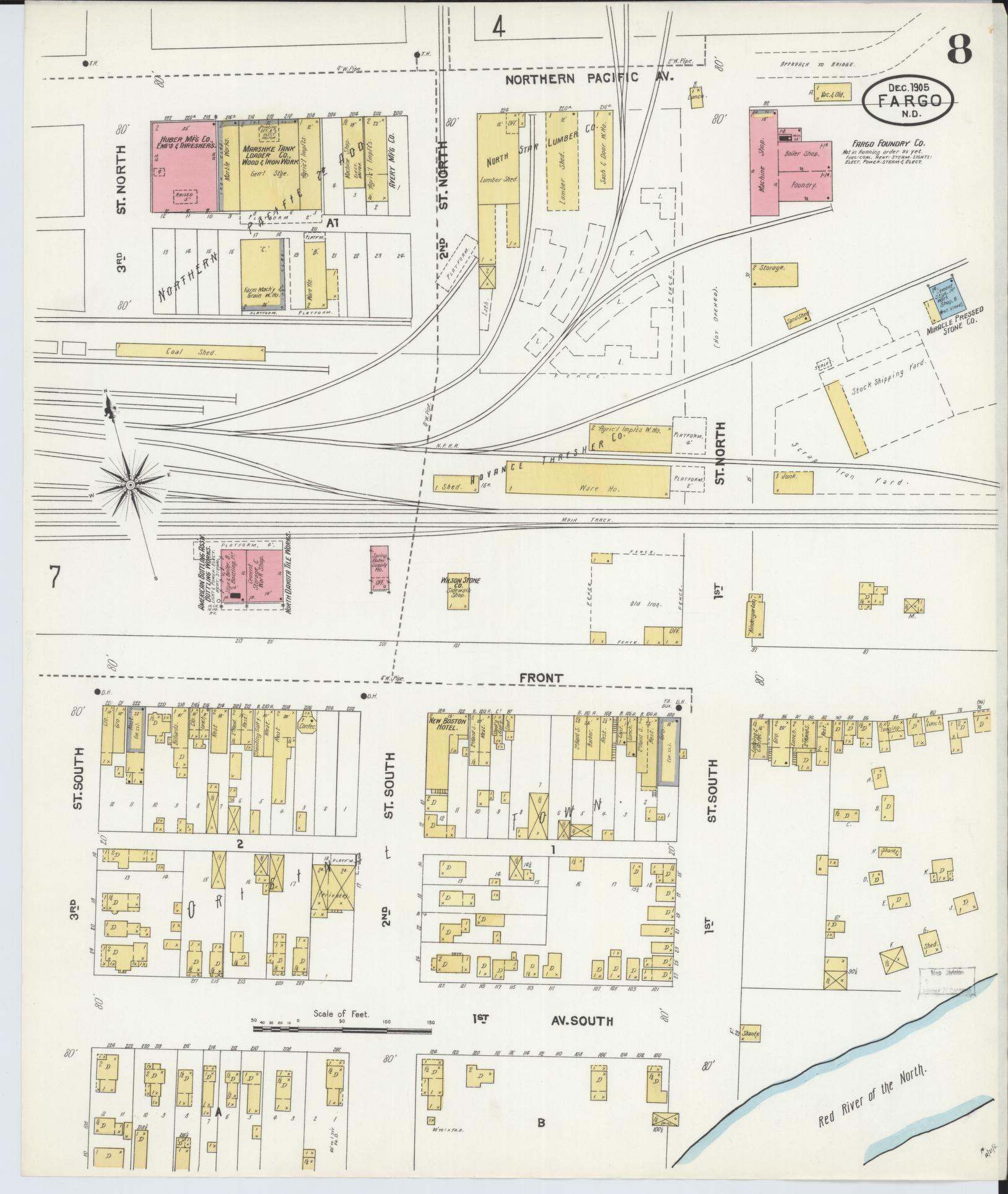 Sanborn Fire Insurance Map from Fargo, Cass County, North Dakota (1905), Sheet #0008 - Historic Sanborn Fire Insurance Map Print, vintage old map wall art, antique decor, genealogy gift, North Dakota North Dakota map