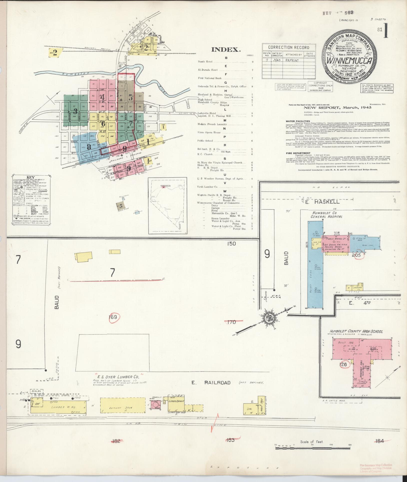 Sanborn Fire Insurance Map from Winnemucca, Humboldt County, Nevada (1943), Sheet #0001 - Complete Map Set gallery image, historic Sanborn map, vintage wall art, Nevada Nevada