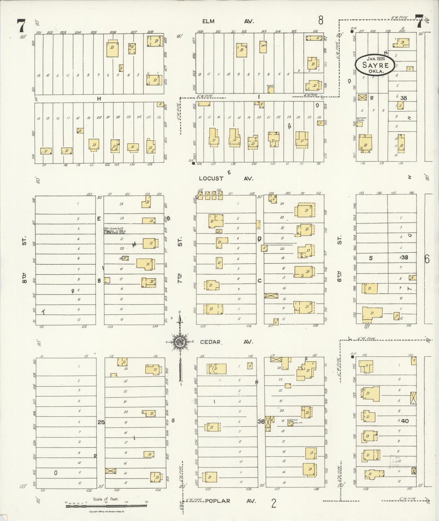 Sanborn Fire Insurance Map from Sayre, Beckham County, Oklahoma (1924), Sheet #0007 - Complete Map Set gallery image, historic Sanborn map, vintage wall art, Oklahoma Oklahoma