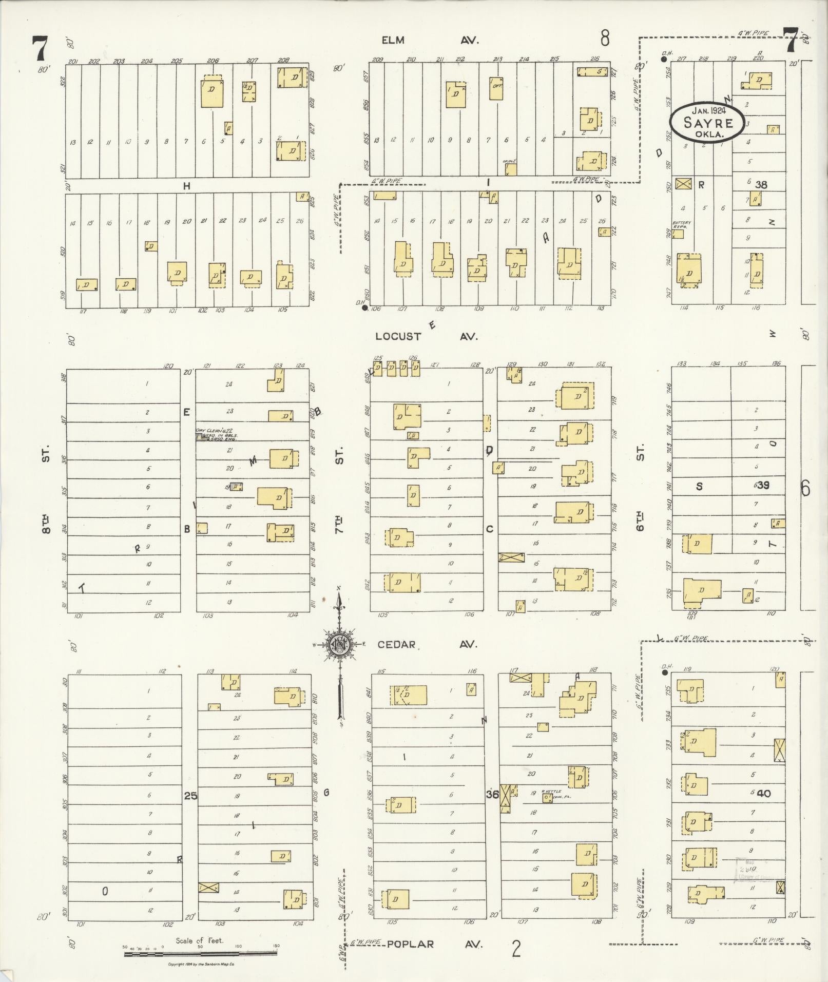 Sanborn Fire Insurance Map from Sayre, Beckham County, Oklahoma (1924), Sheet #0007 - Complete Map Set gallery image, historic Sanborn map, vintage wall art, Oklahoma Oklahoma