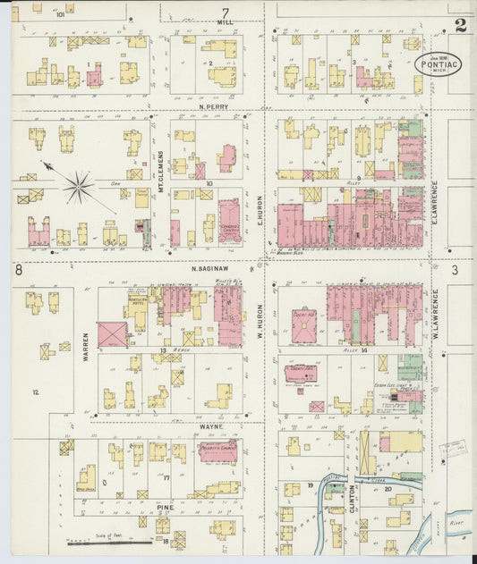 Sanborn Fire Insurance Map from Pontiac, Oakland County, Michigan (1898), Sheet #0002 - Historic Sanborn Fire Insurance Map Print, vintage old map wall art, antique decor, genealogy gift, Michigan Michigan map