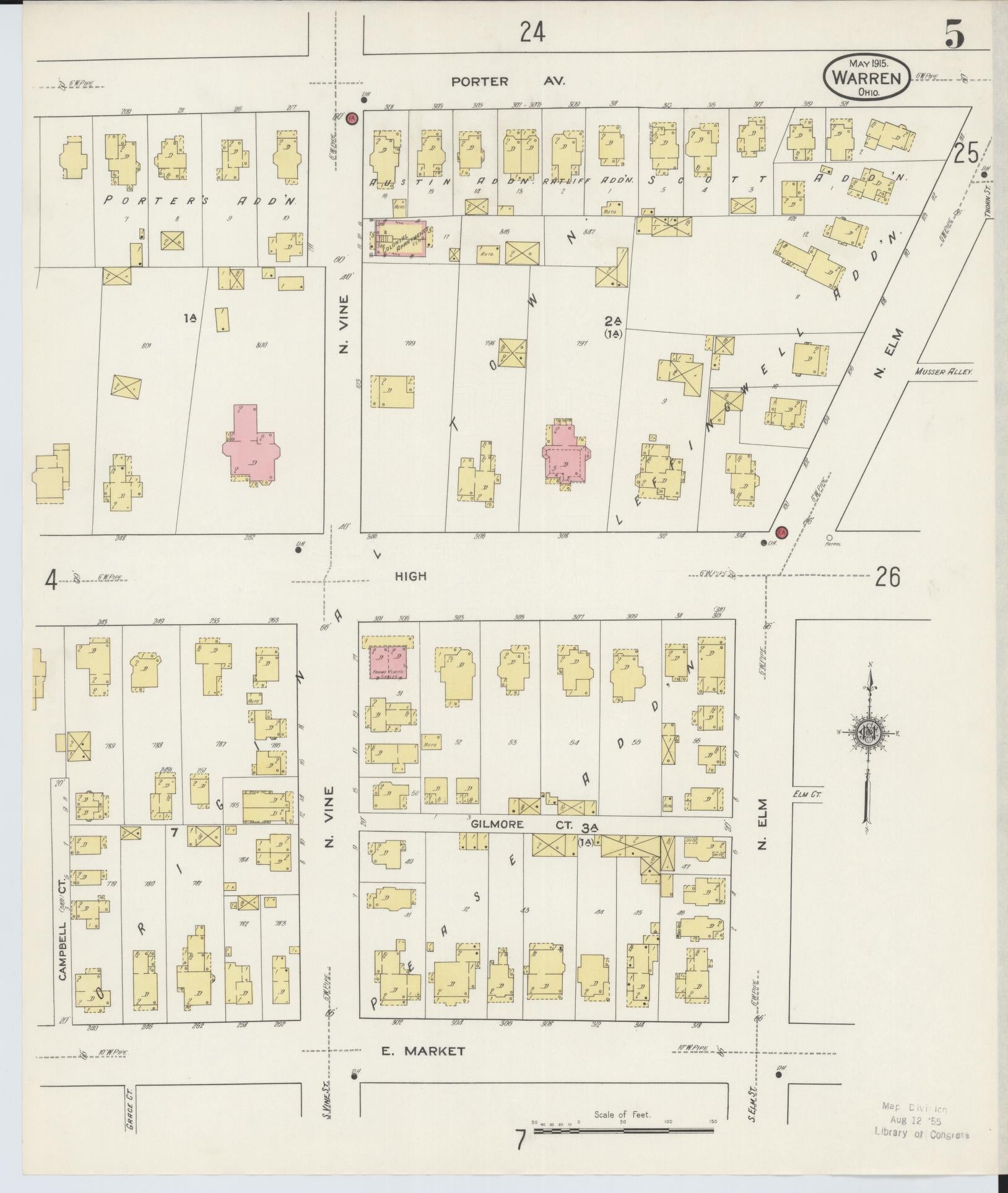 Sanborn Fire Insurance Map from Warren, Trumbull County, Ohio (1915), Sheet #0005 - Historic Sanborn Fire Insurance Map Print, vintage old map wall art, antique decor, genealogy gift, Ohio Ohio map