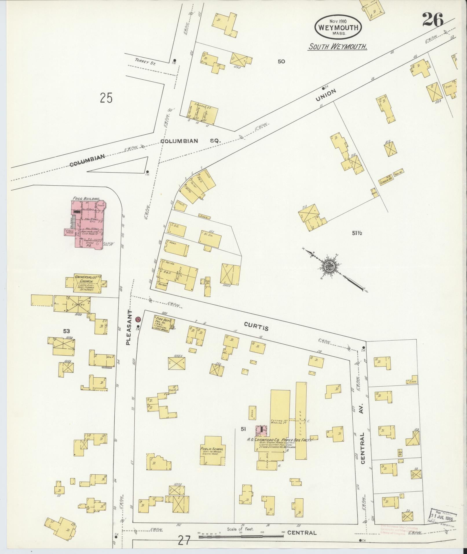Sanborn Fire Insurance Map from Weymouth, Norfolk County, Massachusetts (1910), Sheet #0026 - Historic Sanborn Fire Insurance Map Print, vintage old map wall art, antique decor, genealogy gift, Massachusetts Massachusetts map