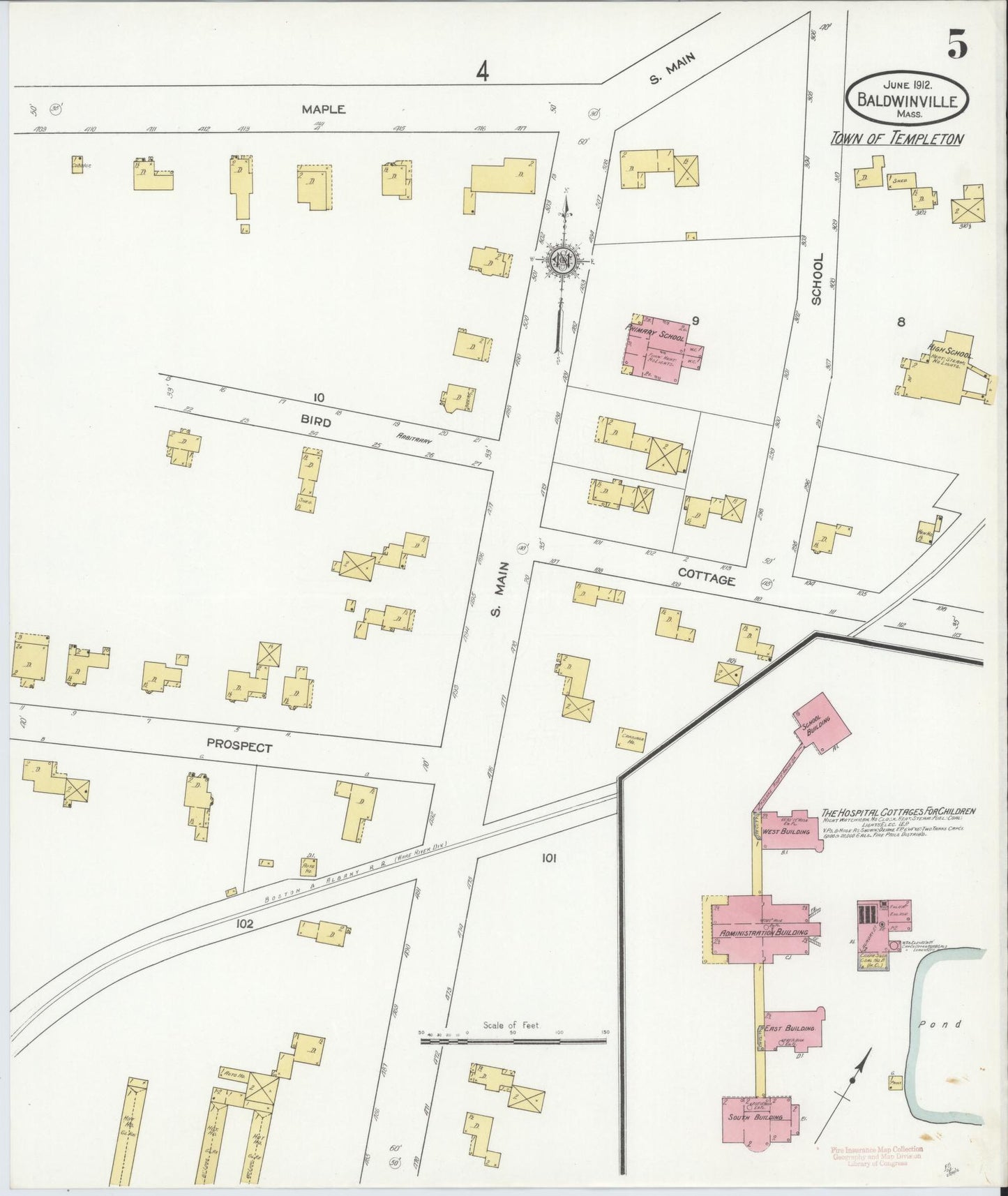 Sanborn Fire Insurance Map from Baldwinville, Worcester County, Massachusetts (1912), Sheet #0005 - Complete Map Set gallery image, historic Sanborn map, vintage wall art, Massachusetts Massachusetts