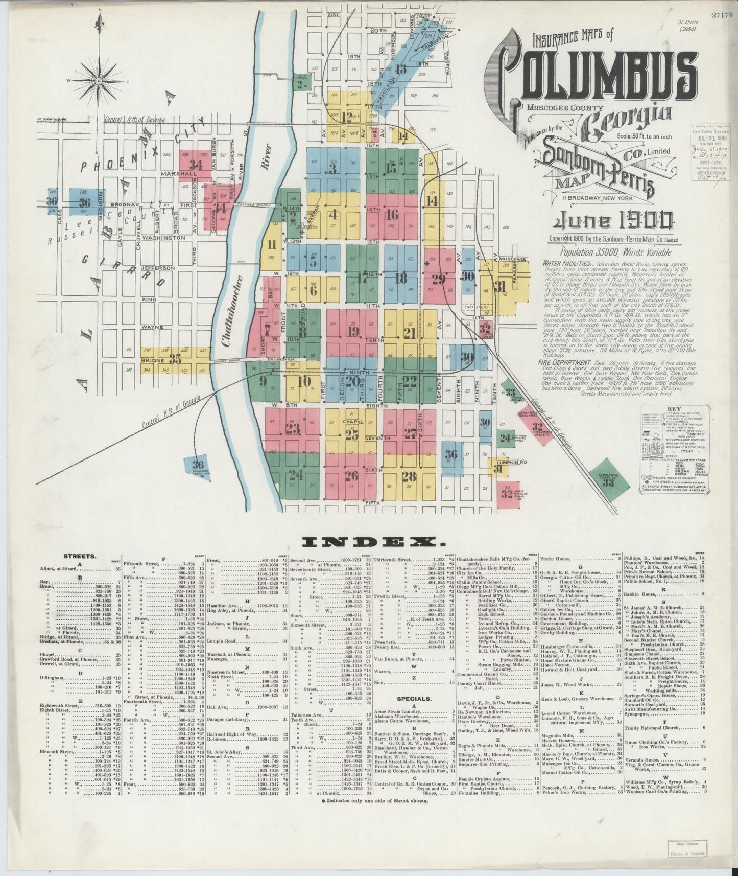 Sanborn Fire Insurance Map from Columbus, Muscogee County, Georgia (1900), Sheet #0001 - Historic Sanborn Fire Insurance Map Print, vintage old map wall art, antique decor, genealogy gift, Georgia Georgia map