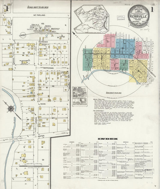 Sanborn Fire Insurance Map from Kerrville, Kerr County, Texas (1924), Sheet #0001 - Historic Sanborn Fire Insurance Map Print, vintage old map wall art, antique decor, genealogy gift, Texas Texas map