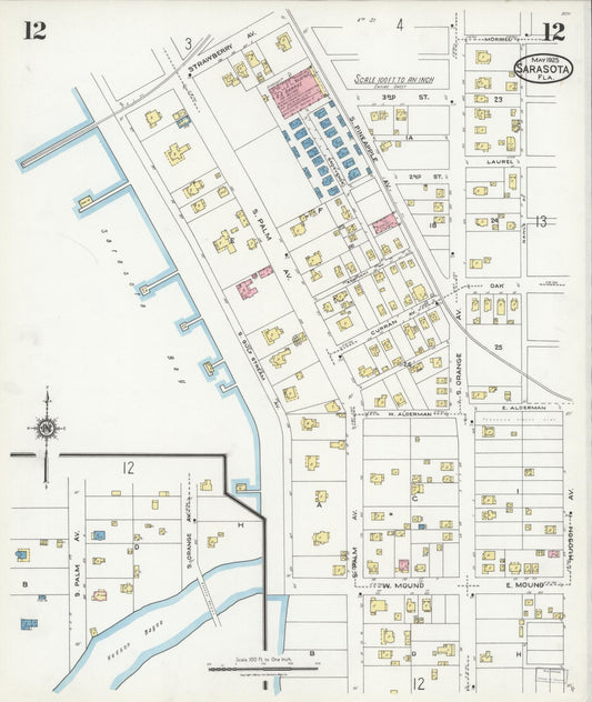 Sanborn Fire Insurance Map from Sarasota, Sarasota County, Florida (1925), Sheet #0012 - Historic Sanborn Fire Insurance Map Print, vintage old map wall art, antique decor, genealogy gift, Florida Florida map