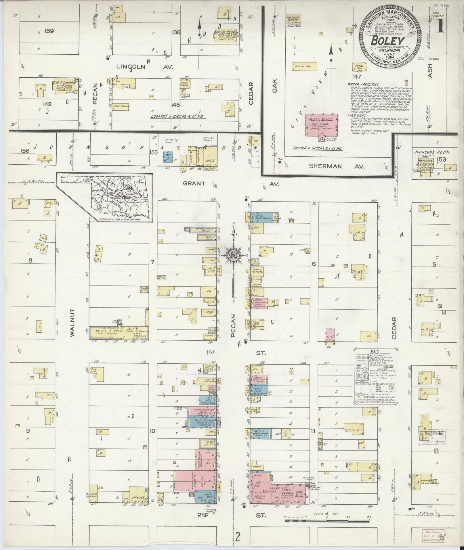 Sanborn Fire Insurance Map from Boley, Okfuskee County, Oklahoma (1914), Sheet #0001 - Complete Map Set gallery image, historic Sanborn map, vintage wall art, Oklahoma Oklahoma