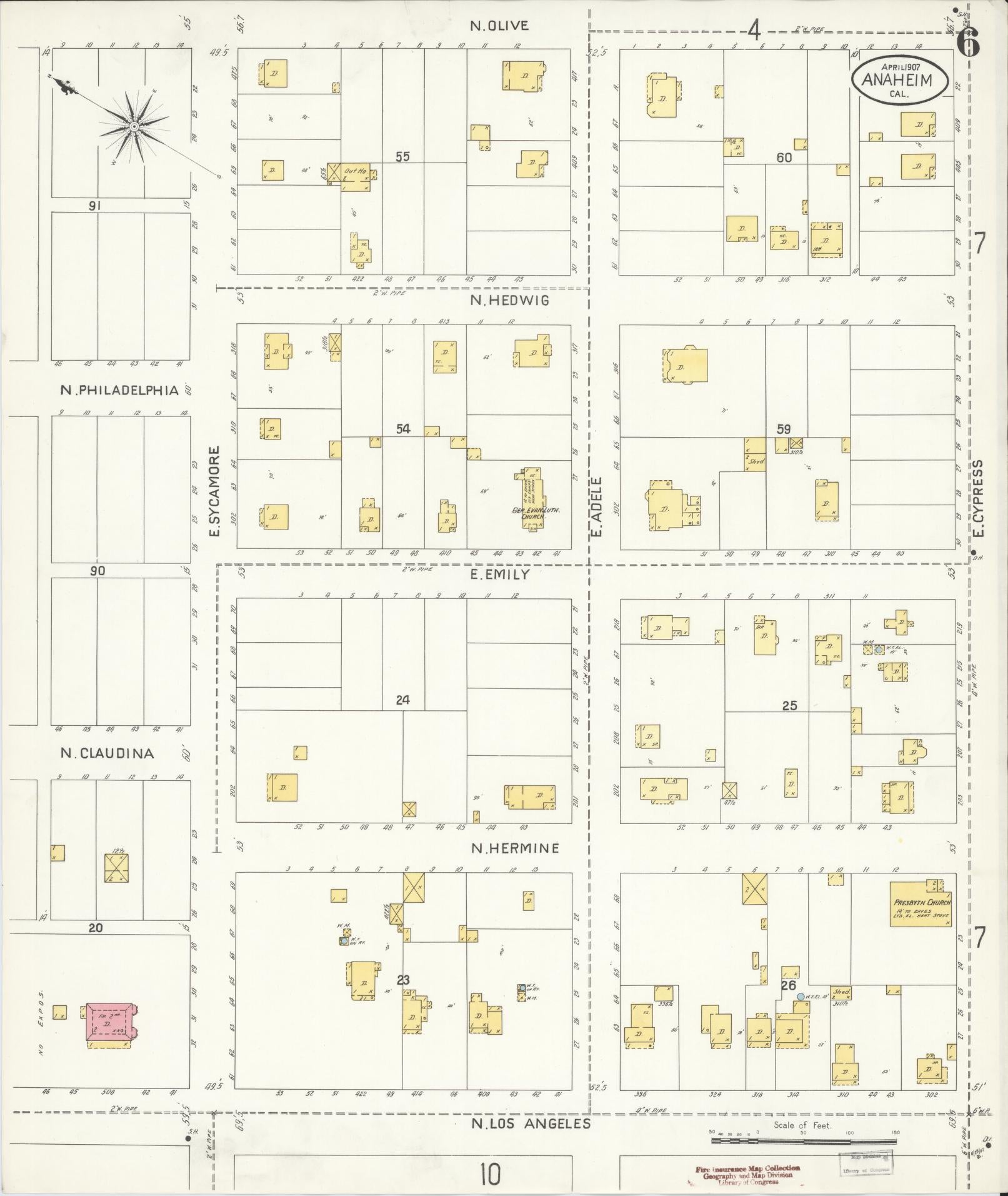 Sanborn Fire Insurance Map from Anaheim, Orange County, California (1907), Sheet #0006 - Historic Sanborn Fire Insurance Map Print, vintage old map wall art, antique decor, genealogy gift, California California map