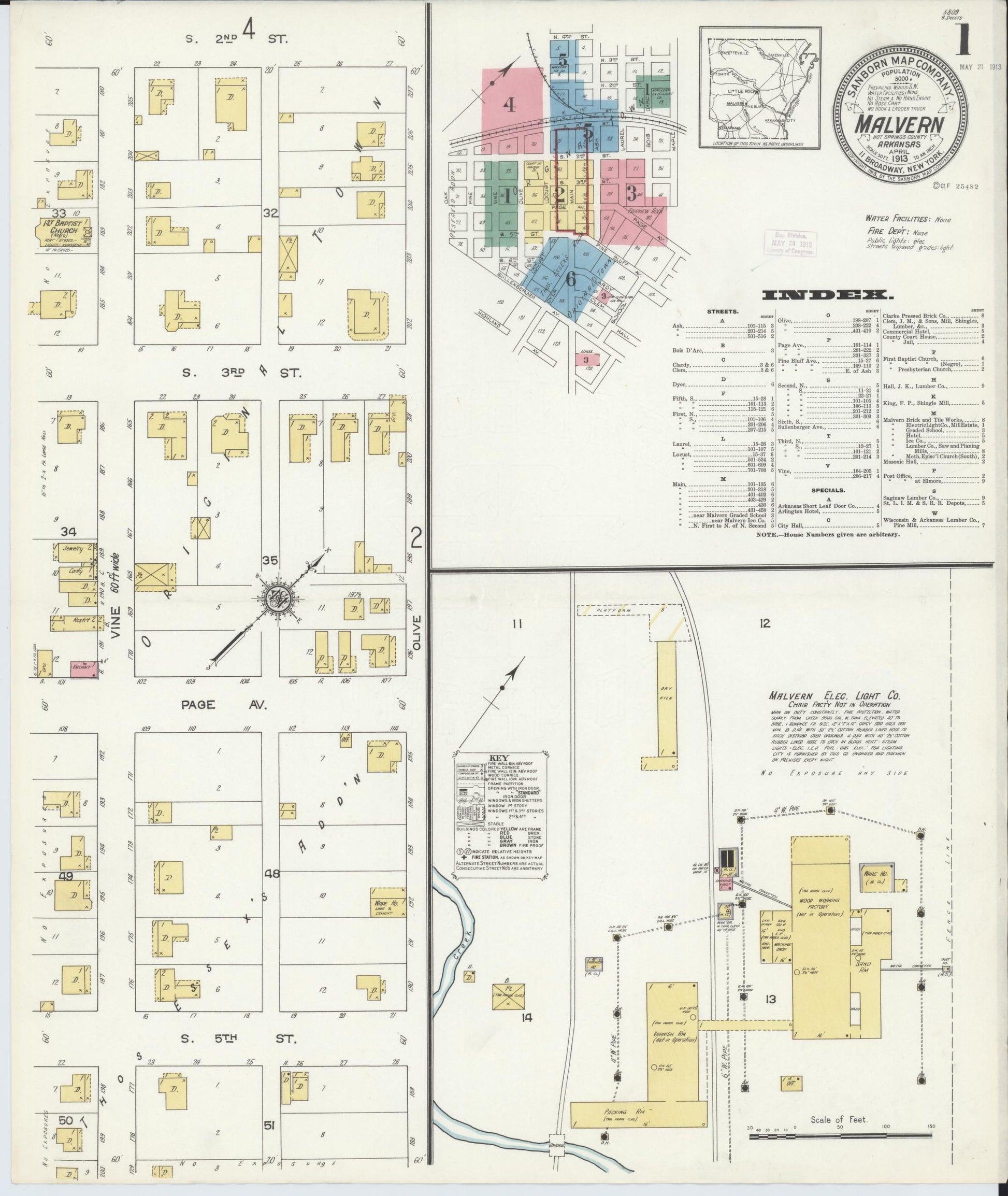 Sanborn Fire Insurance Map from Malvern, Hot Springs County, Arkansas (1913), Sheet #0001 - Complete Map Set gallery image, historic Sanborn map, vintage wall art, Arkansas Arkansas