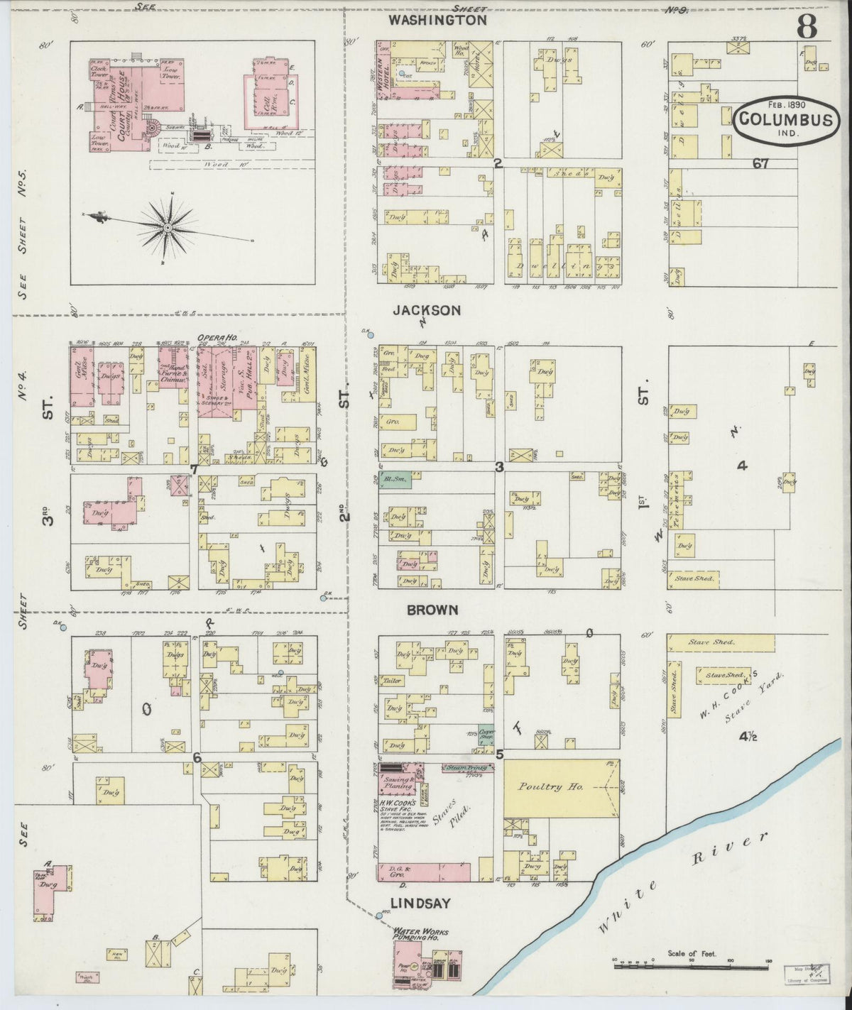 Sanborn Fire Insurance Map from Columbus, Bartholomew County, Indiana (1890), Sheet #0008 - Historic Sanborn Fire Insurance Map Print, vintage old map wall art, antique decor, genealogy gift, Indiana Indiana map