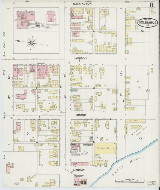 Sanborn Fire Insurance Map from Columbus, Bartholomew County, Indiana (1890), Sheet #0008 - Historic Sanborn Fire Insurance Map Print, vintage old map wall art, antique decor, genealogy gift, Indiana Indiana map