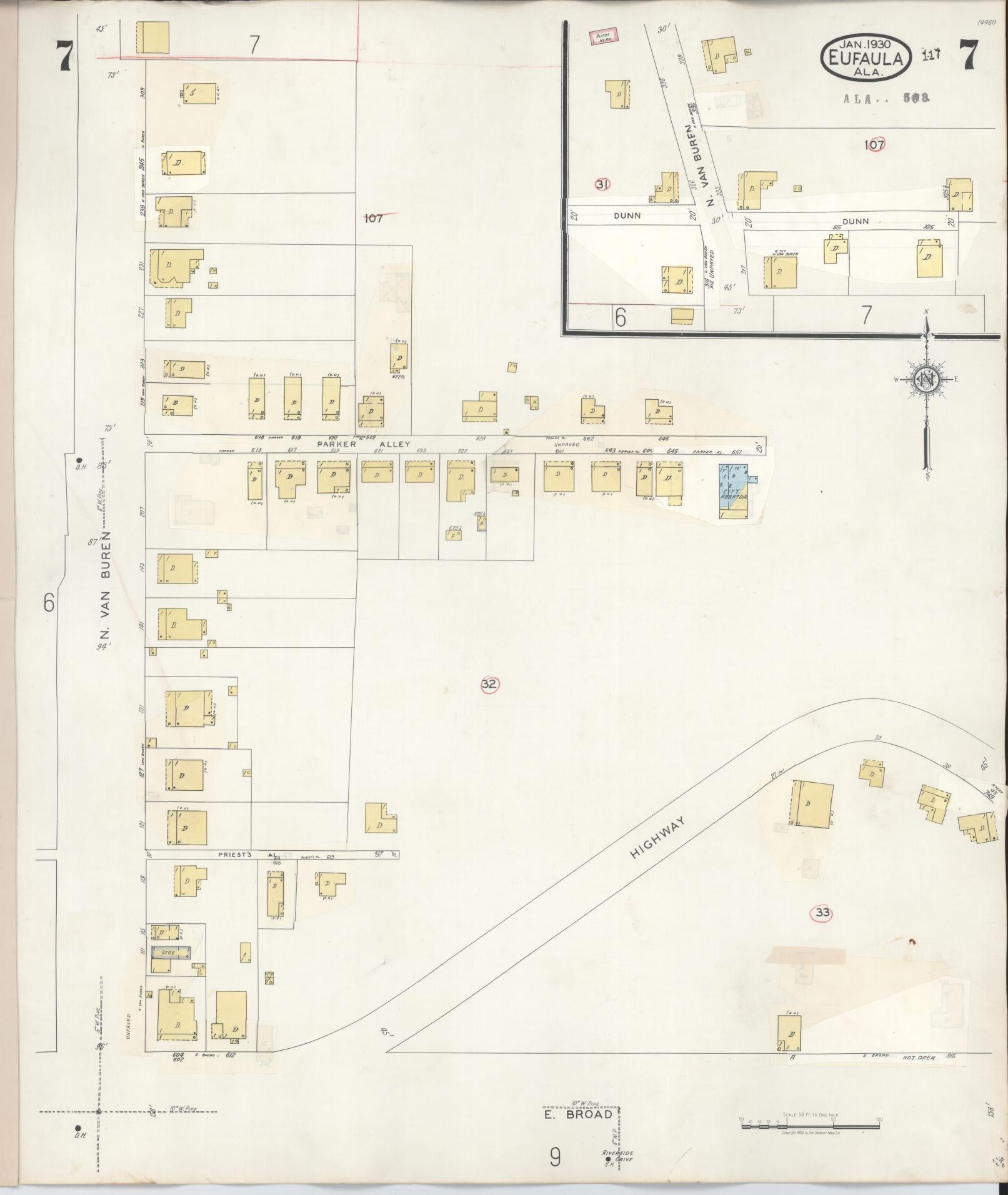 Sanborn Fire Insurance Map from Eufaula, Barbour County, Alabama (1950), Sheet #0007 - Complete Map Set gallery image, historic Sanborn map, vintage wall art, Alabama Alabama