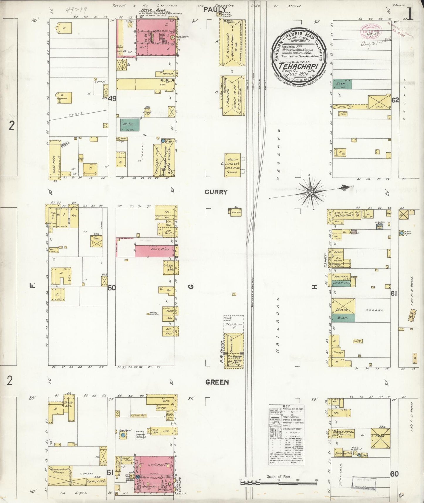 Sanborn Fire Insurance Map from Tehachapi, Kern County, California (1896), Sheet #0001 - Complete Map Set gallery image, historic Sanborn map, vintage wall art, California California