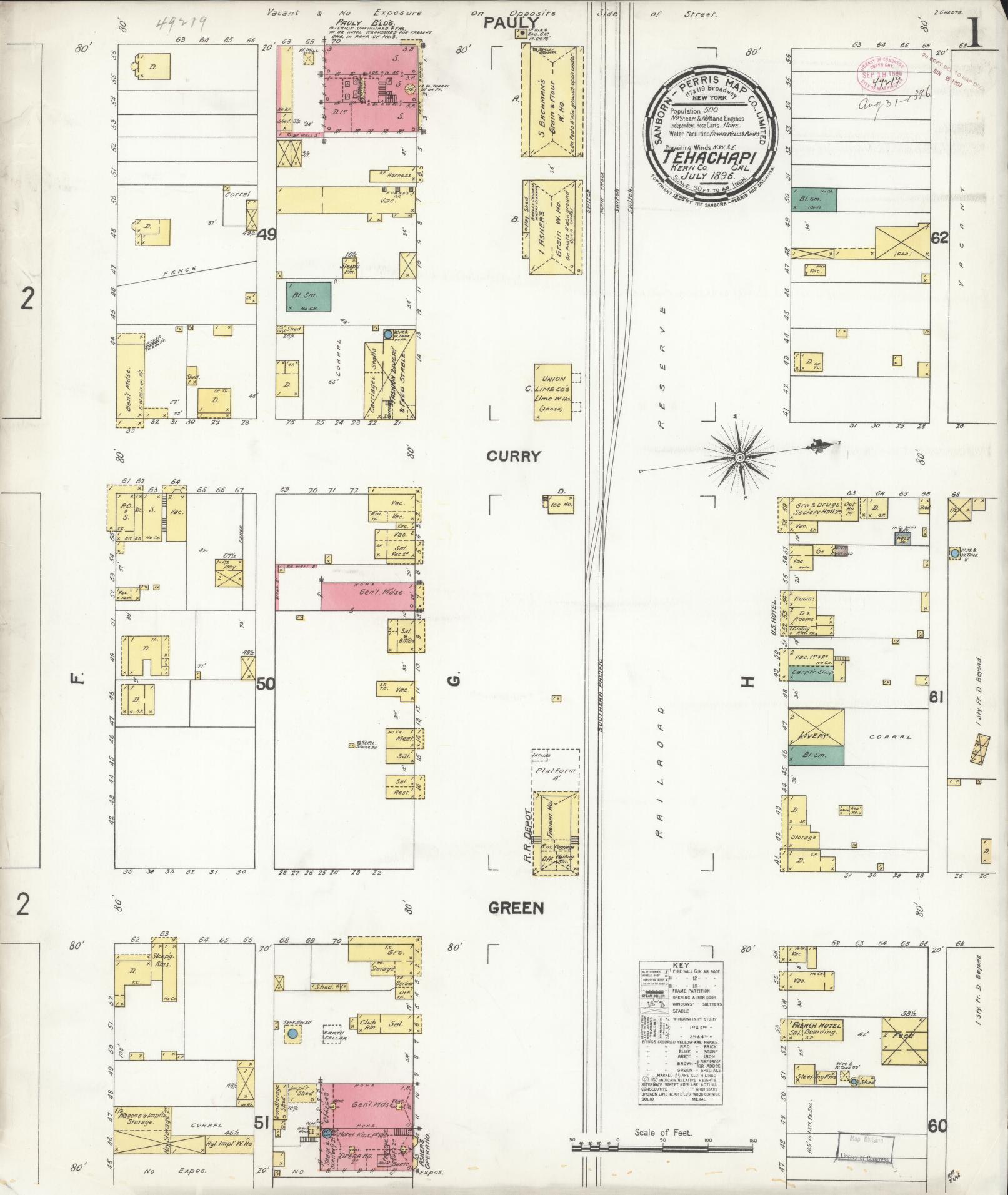 Sanborn Fire Insurance Map from Tehachapi, Kern County, California (1896), Sheet #0001 - Complete Map Set gallery image, historic Sanborn map, vintage wall art, California California