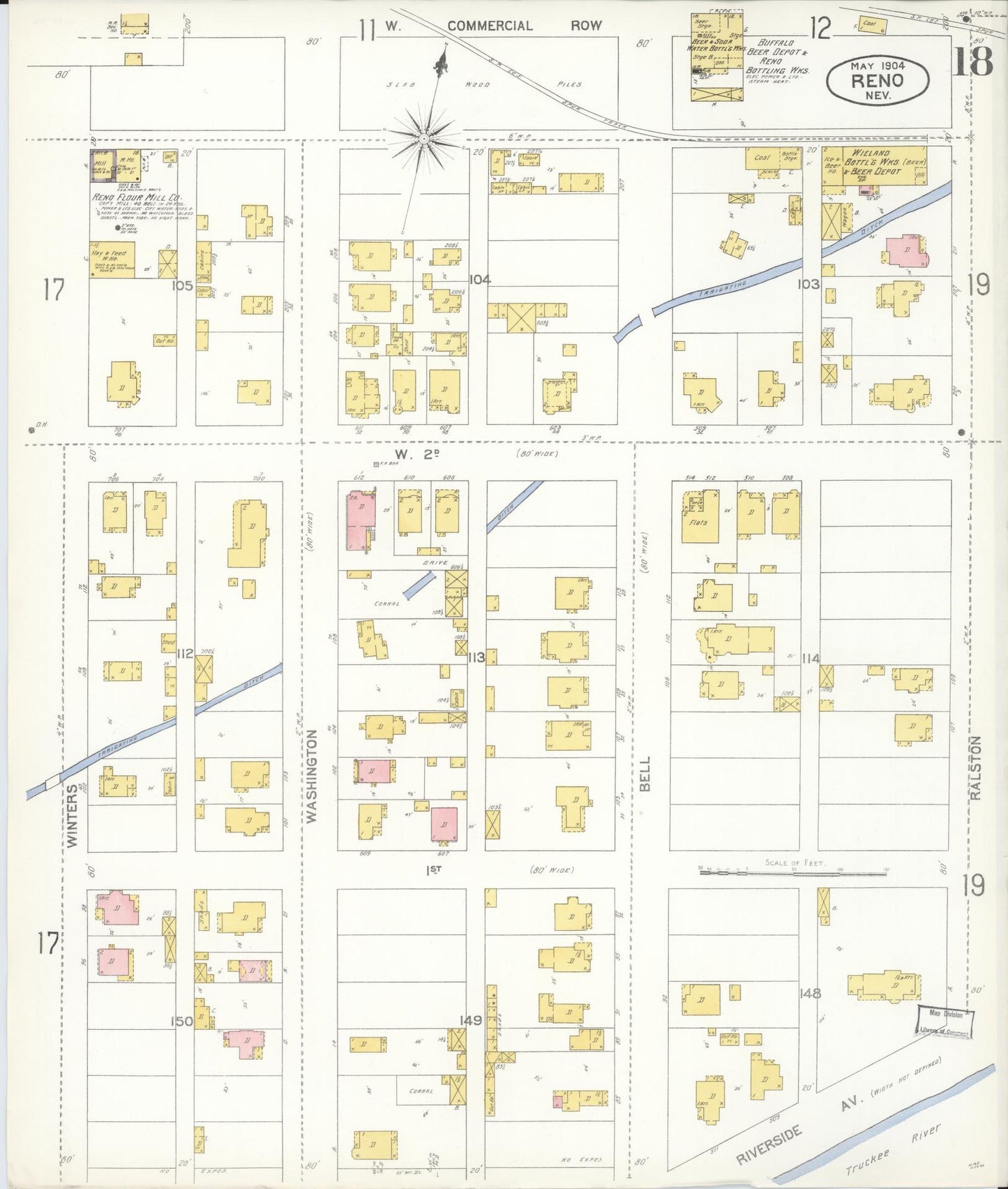 Sanborn Fire Insurance Map from Reno, Washoe County, Nevada (1904), Sheet #0018 - Historic Sanborn Fire Insurance Map Print, vintage old map wall art, antique decor, genealogy gift, Nevada Nevada map
