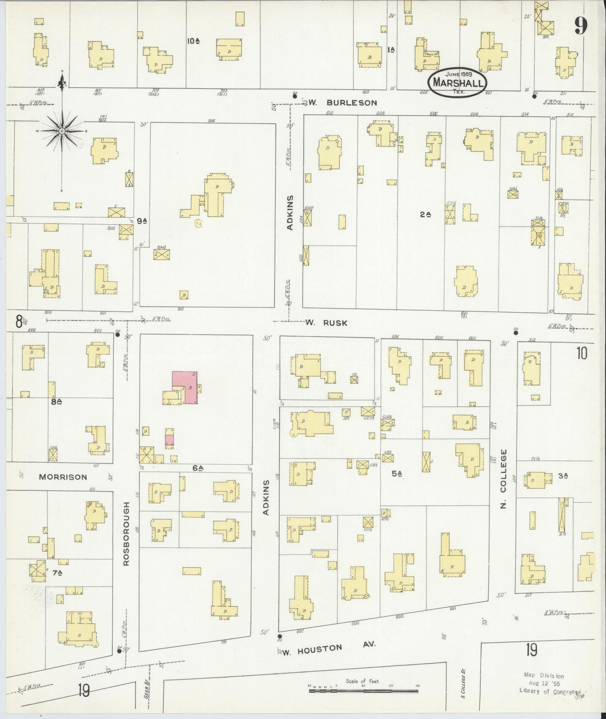 Sanborn Fire Insurance Map from Marshall, Harrison County, Texas (1909), Sheet #0009 - Complete Map Set gallery image, historic Sanborn map, vintage wall art, Texas Texas