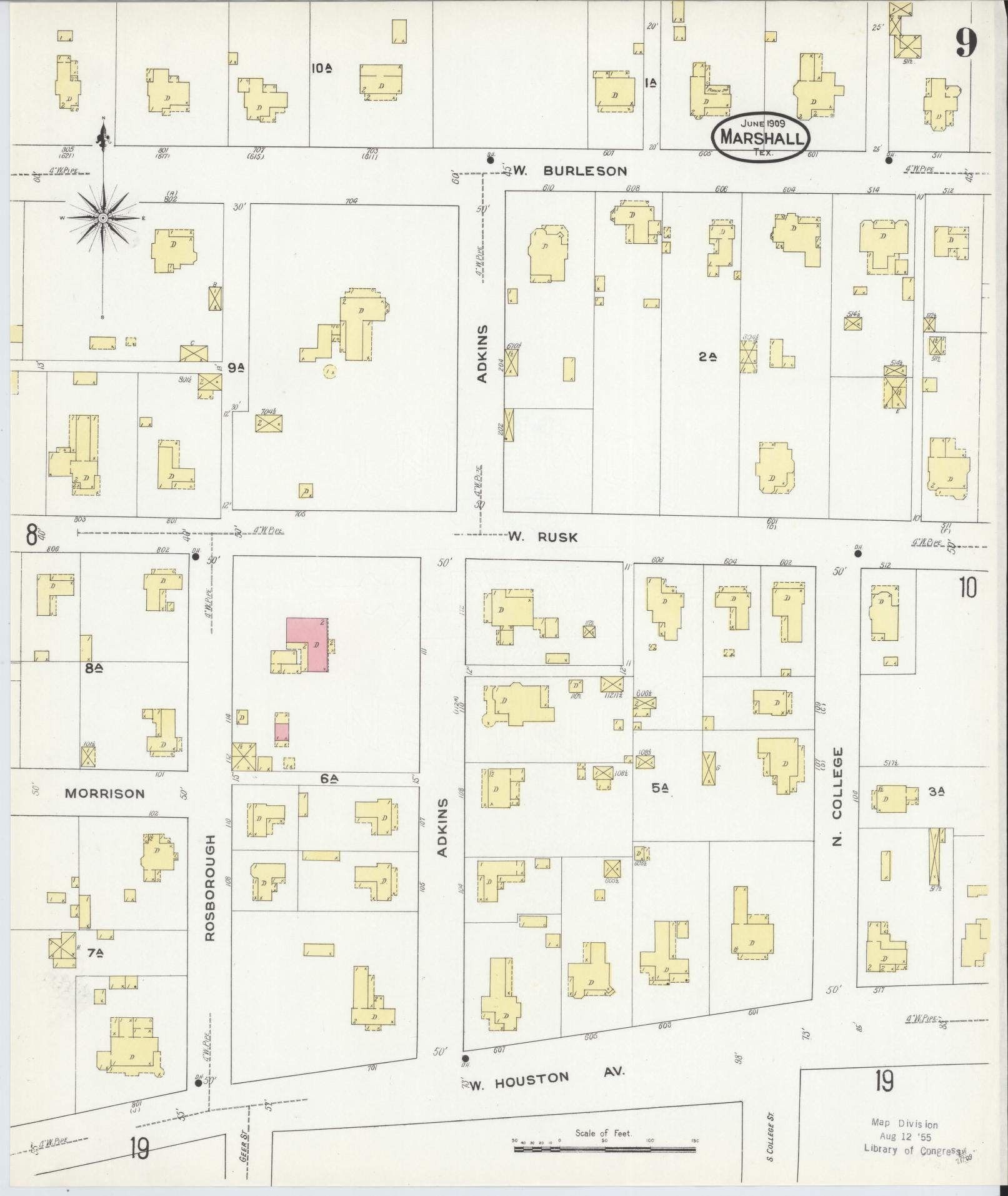 Sanborn Fire Insurance Map from Marshall, Harrison County, Texas (1909), Sheet #0009 - Complete Map Set gallery image, historic Sanborn map, vintage wall art, Texas Texas