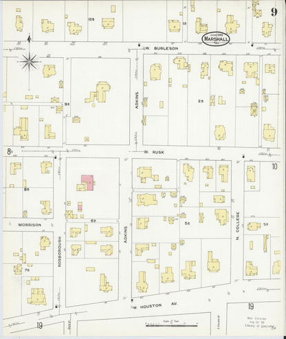 Sanborn Fire Insurance Map from Marshall, Harrison County, Texas (1909), Sheet #0009 - Complete Map Set gallery image, historic Sanborn map, vintage wall art, Texas Texas