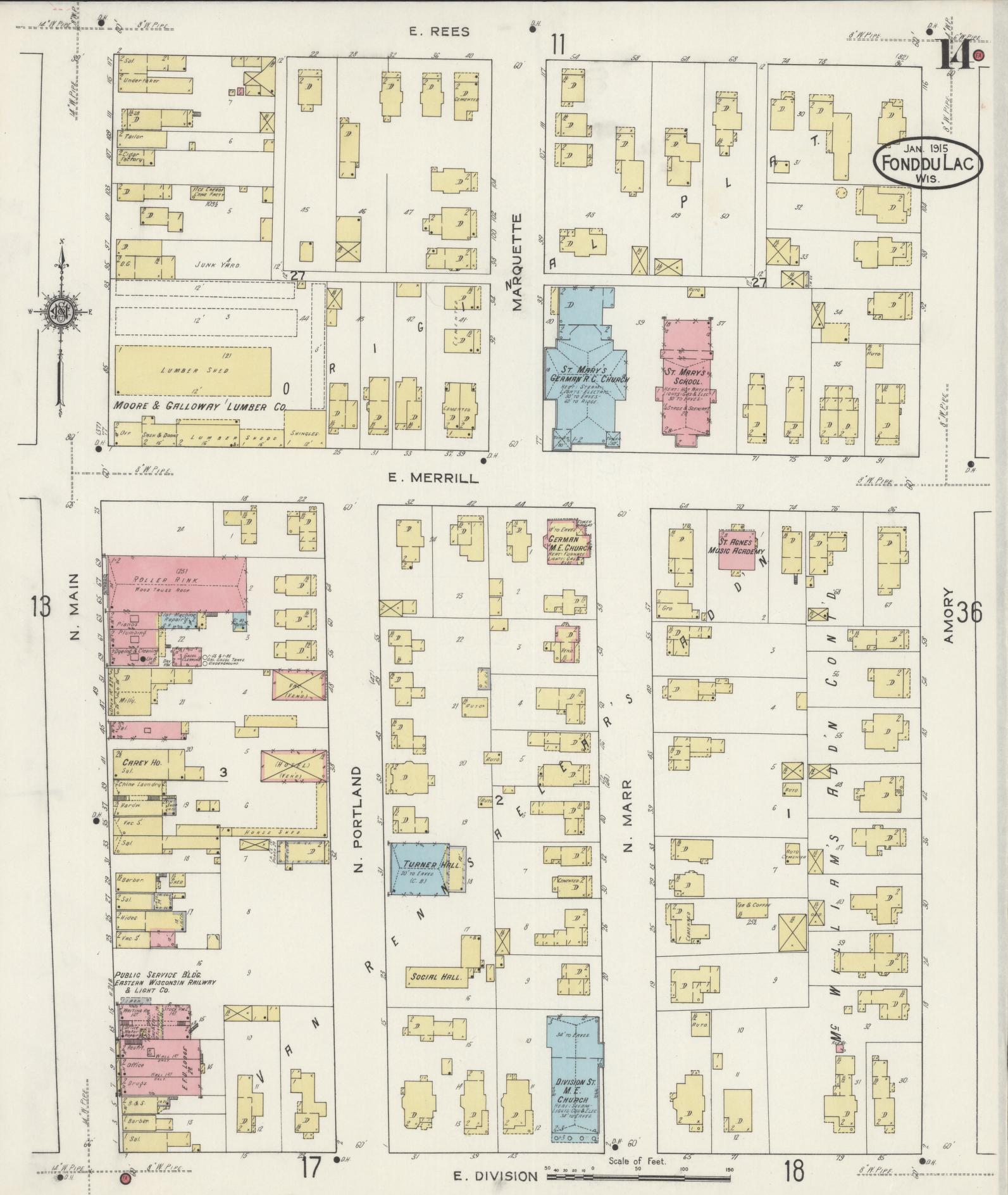 Sanborn Fire Insurance Map from Fond du Lac, Fond du Lac County, Wisconsin (1915), Sheet #0014 - Historic Sanborn Fire Insurance Map Print, vintage old map wall art, antique decor, genealogy gift, Wisconsin Wisconsin map