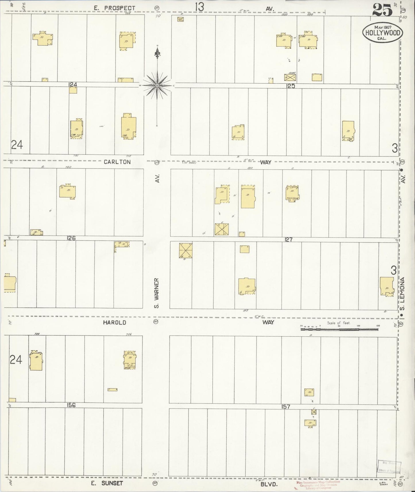 Sanborn Fire Insurance Map from Hollywood, Los Angeles County, California (1907), Sheet #0025 - Complete Map Set gallery image, historic Sanborn map, vintage wall art, California California