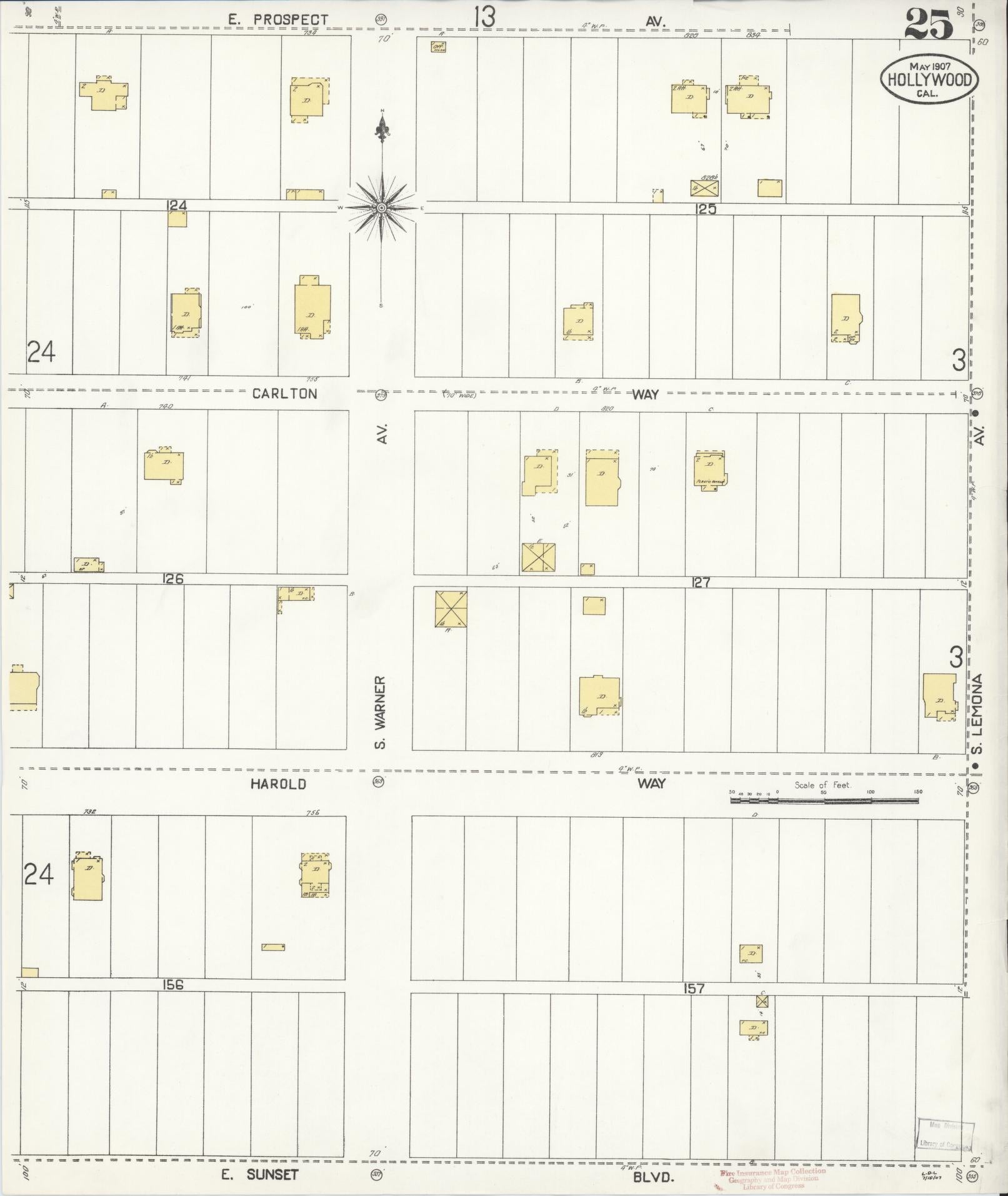 Sanborn Fire Insurance Map from Hollywood, Los Angeles County, California (1907), Sheet #0025 - Complete Map Set gallery image, historic Sanborn map, vintage wall art, California California