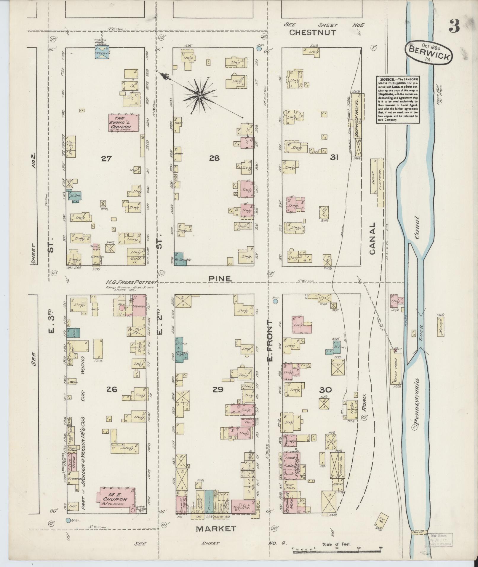 Sanborn Fire Insurance Map from Berwick, Columbia County, Pennsylvania (1884), Sheet #0003 - Historic Sanborn Fire Insurance Map Print, vintage old map wall art, antique decor, genealogy gift, Pennsylvania Pennsylvania map