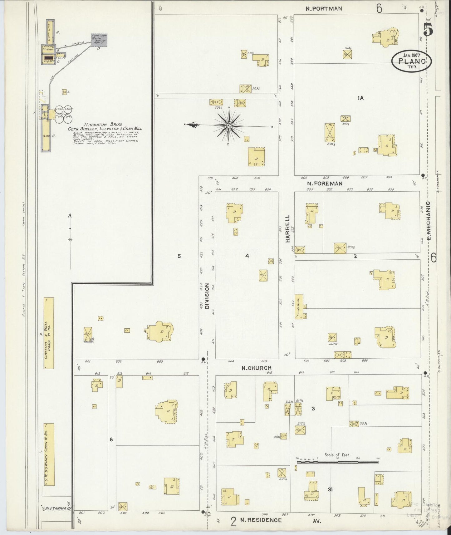 Sanborn Fire Insurance Map from Plano, Collin County, Texas (1907), Sheet #0005 - Historic Sanborn Fire Insurance Map Print, vintage old map wall art, antique decor, genealogy gift, Texas Texas map