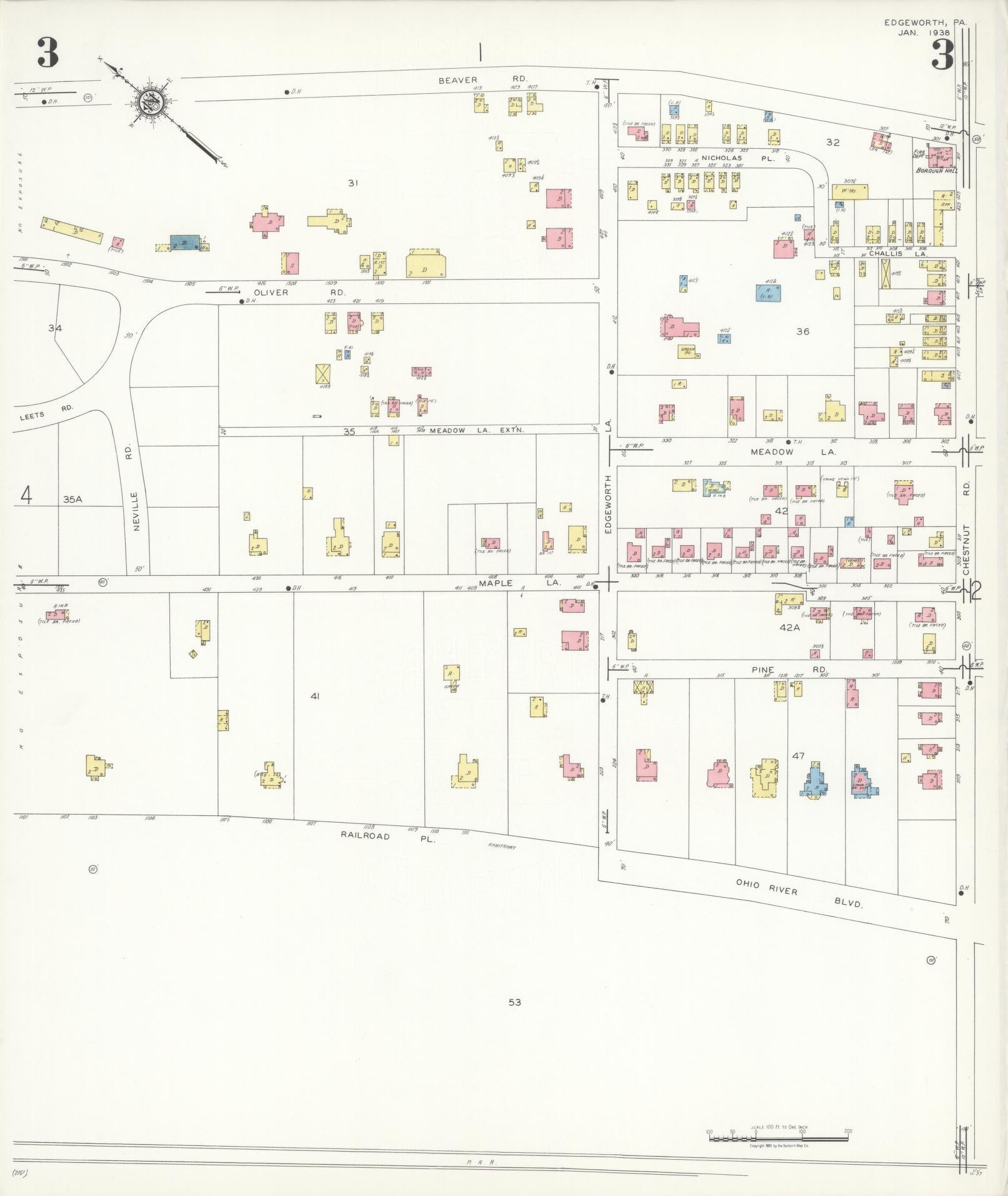 Sanborn Fire Insurance Map from Edgeworth, Allegheny County, Pennsylvania (1938), Sheet #0003 - Historic Sanborn Fire Insurance Map Print, vintage old map wall art, antique decor, genealogy gift, Pennsylvania Pennsylvania map