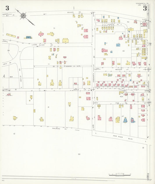 Sanborn Fire Insurance Map from Edgeworth, Allegheny County, Pennsylvania (1938), Sheet #0003 - Historic Sanborn Fire Insurance Map Print, vintage old map wall art, antique decor, genealogy gift, Pennsylvania Pennsylvania map