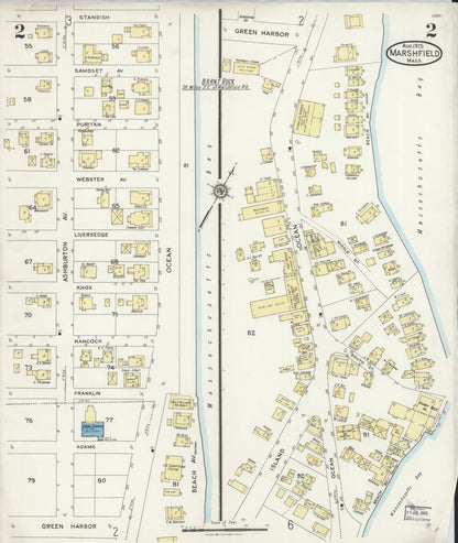 Sanborn Fire Insurance Map from Marshfield, Plymouth County, Massachusetts (1925), Sheet #0002 - Historic Sanborn Fire Insurance Map Print, vintage old map wall art, antique decor, genealogy gift, Massachusetts Massachusetts map