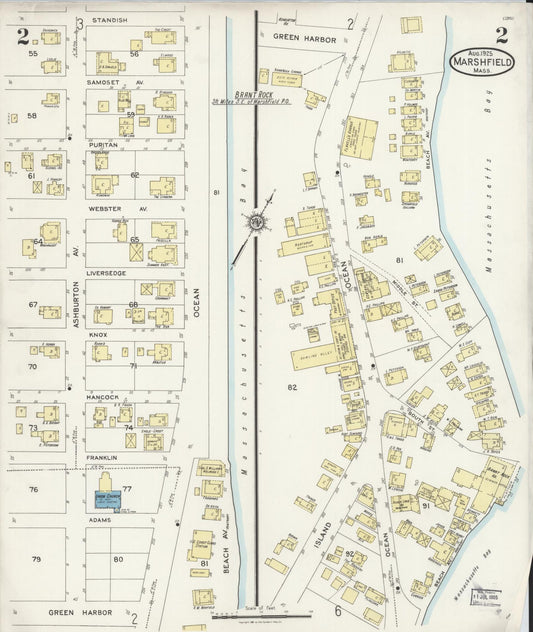 Sanborn Fire Insurance Map from Marshfield, Plymouth County, Massachusetts (1925), Sheet #0002 - Historic Sanborn Fire Insurance Map Print, vintage old map wall art, antique decor, genealogy gift, Massachusetts Massachusetts map