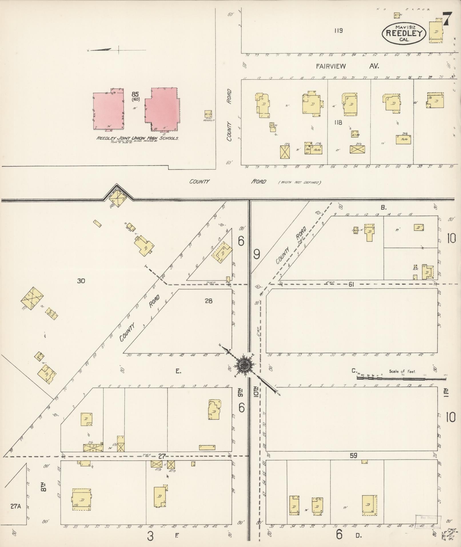 Sanborn Fire Insurance Map from Reedley, Fresno County, California (1912), Sheet #0007 - Complete Map Set gallery image, historic Sanborn map, vintage wall art, California California