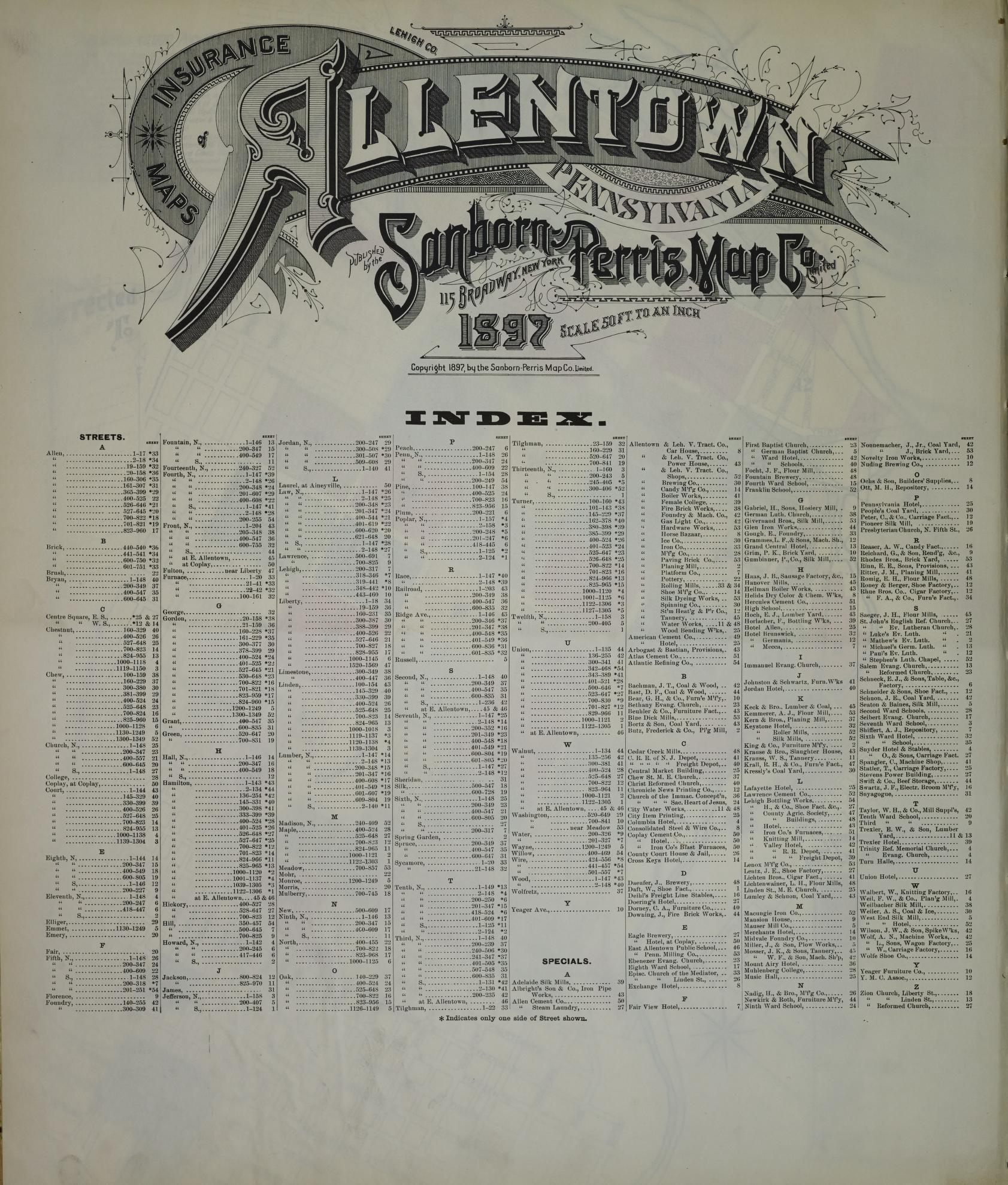 Sanborn Fire Insurance Map from Allentown, Lehigh County, Pennsylvania (1897), Sheet #0001 - Historic Sanborn Fire Insurance Map Print, vintage old map wall art, antique decor, genealogy gift, Pennsylvania Pennsylvania map