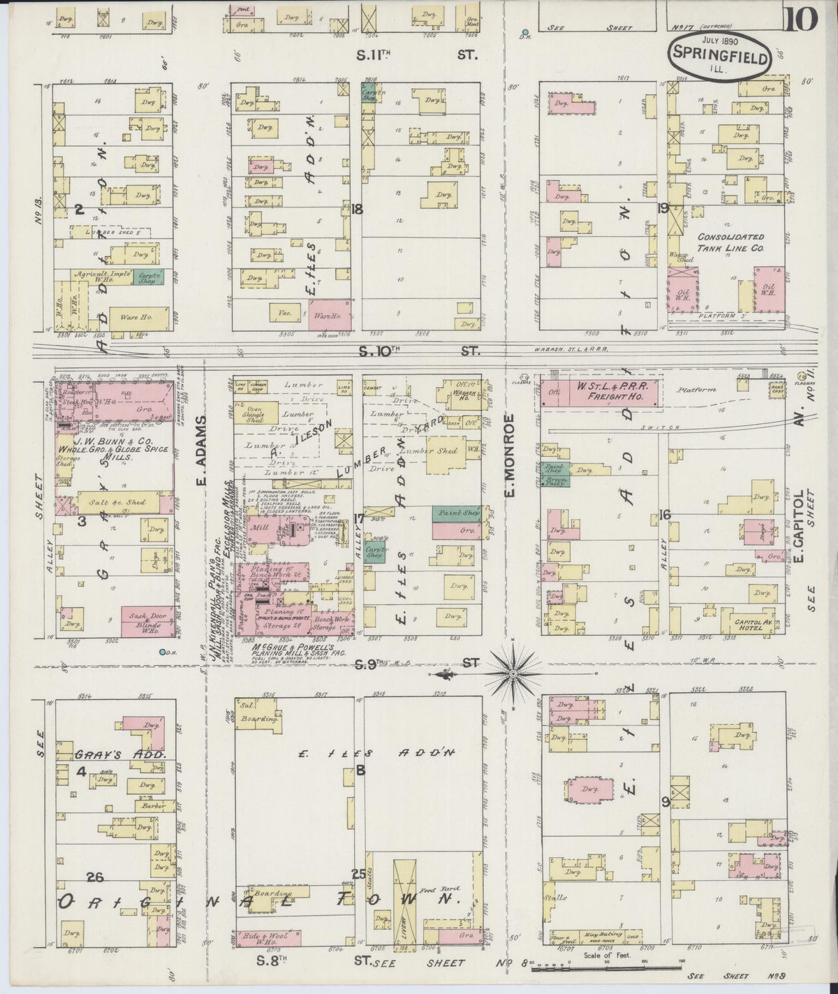 Sanborn Fire Insurance Map from Springfield, Sangamon County, Illinois (1890), Sheet #0010 - Complete Map Set gallery image, historic Sanborn map, vintage wall art, Illinois Illinois