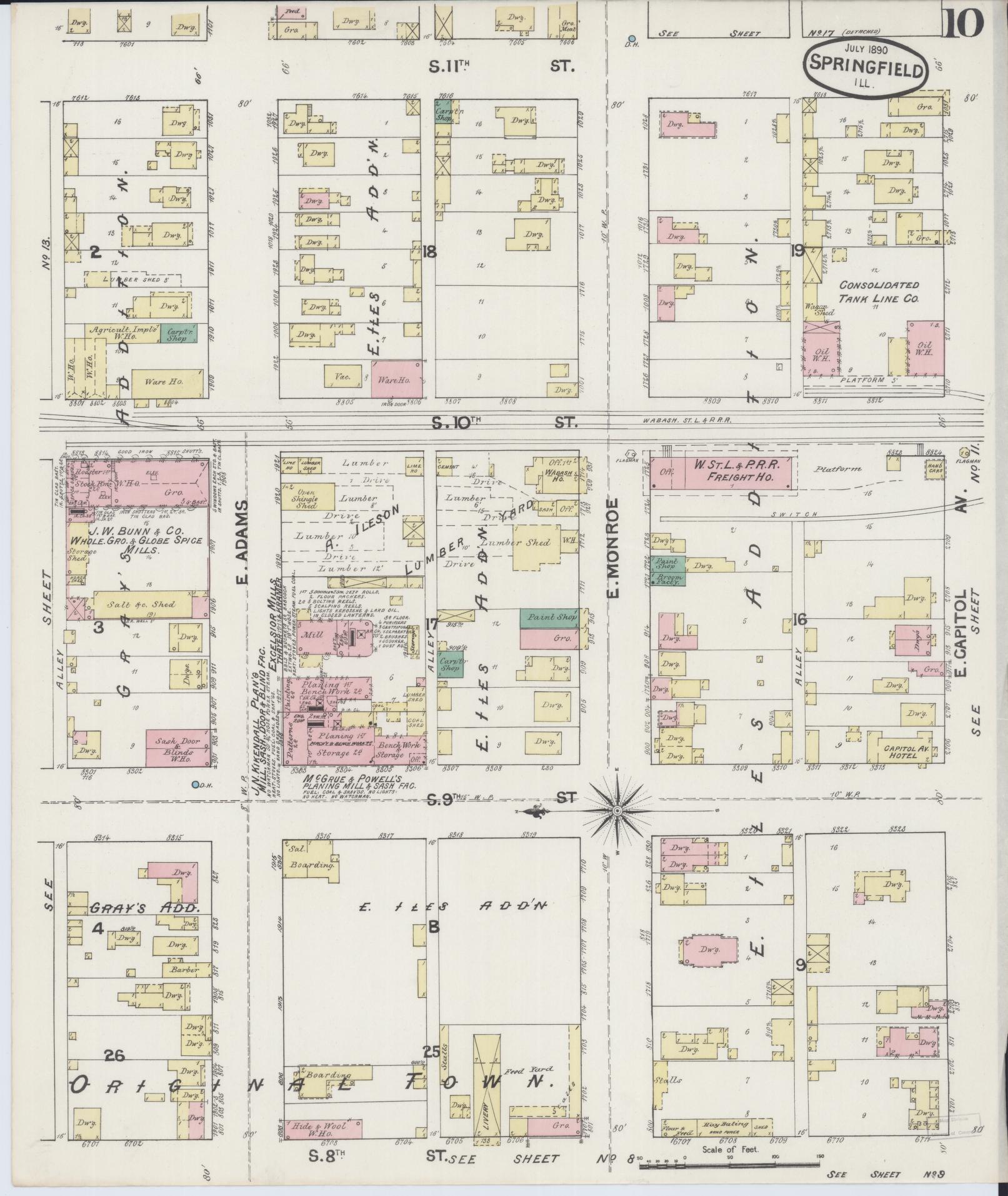 Sanborn Fire Insurance Map from Springfield, Sangamon County, Illinois (1890), Sheet #0010 - Complete Map Set gallery image, historic Sanborn map, vintage wall art, Illinois Illinois