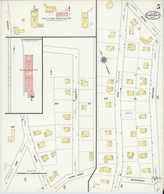 Sanborn Fire Insurance Map from Gardner, Worcester County, Massachusetts (1909), Sheet #0005 - Historic Sanborn Fire Insurance Map Print, vintage old map wall art, antique decor, genealogy gift, Massachusetts Massachusetts map