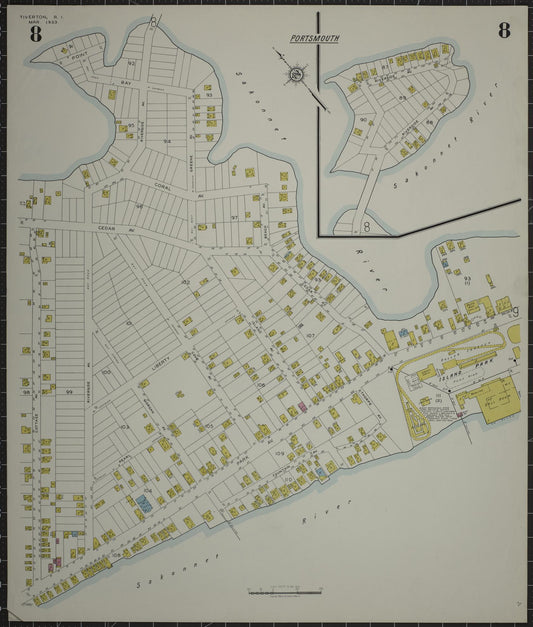 Sanborn Fire Insurance Map from Tiverton, Newport County, Rhode Island (1933), Sheet #0008 - Historic Sanborn Fire Insurance Map Print, vintage old map wall art, antique decor, genealogy gift, Rhode Island Rhode Island map